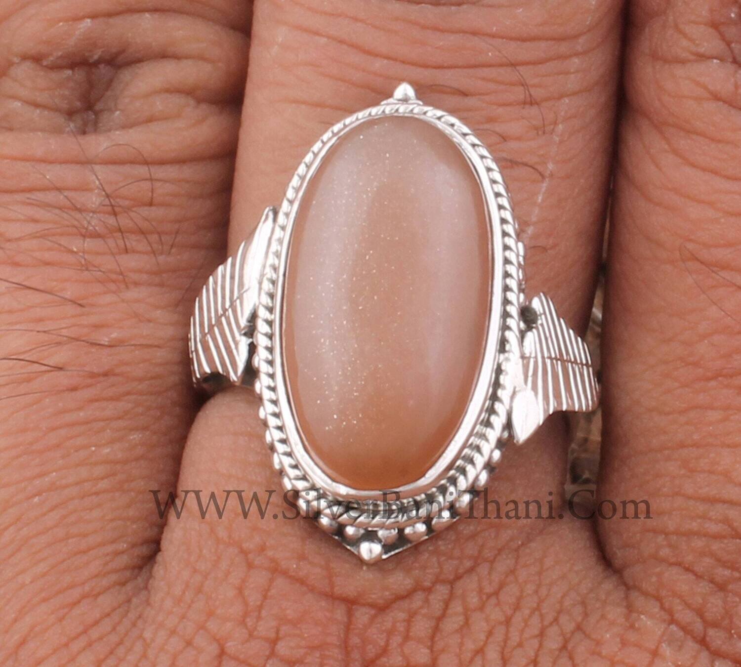 Peach Moonstone Oval Shape Silver Ring | 925 Sterling Silver Ring | Handmade Bridal Jewelry | Moonstone Hand Carved Leaves Ring For Gift2022