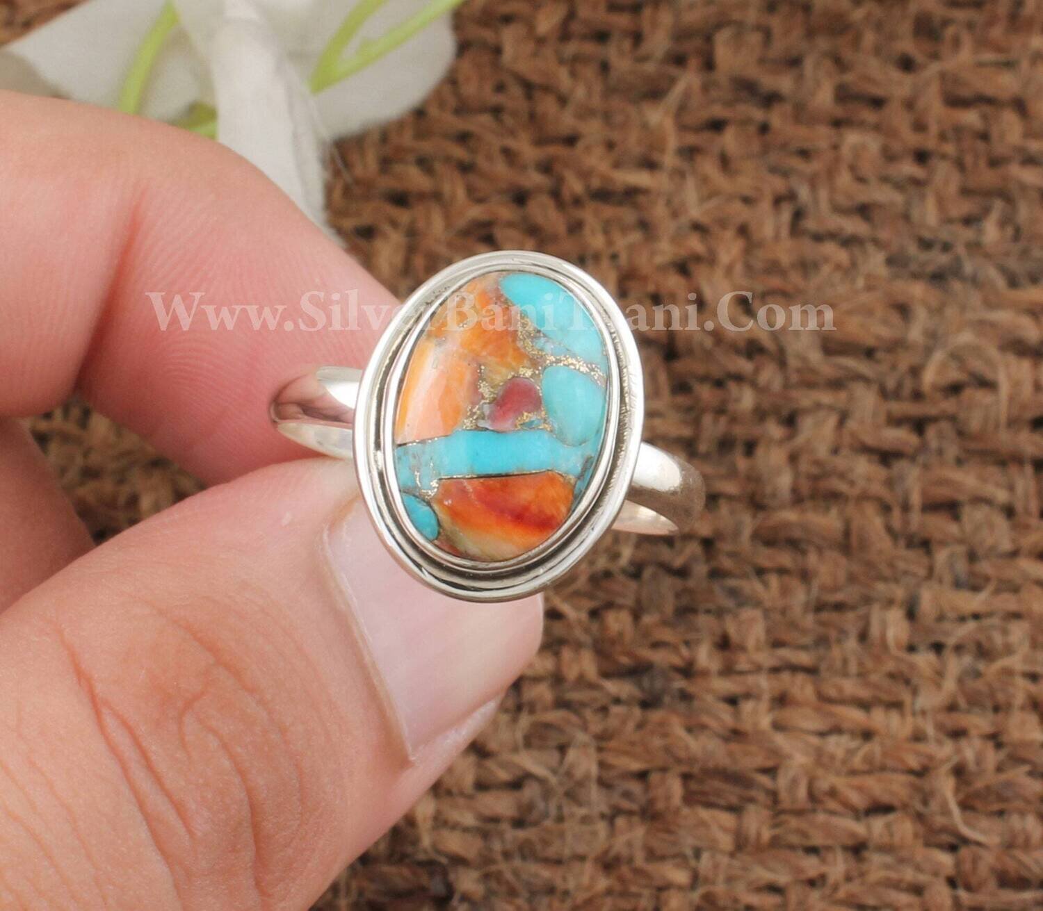 Designer Oyster Copper Turquoise Gemstone Silver Ring | 925 Sterling Silver Smooth Oval Gemstone Ring | Handmade Women Silver Jewelry Gift