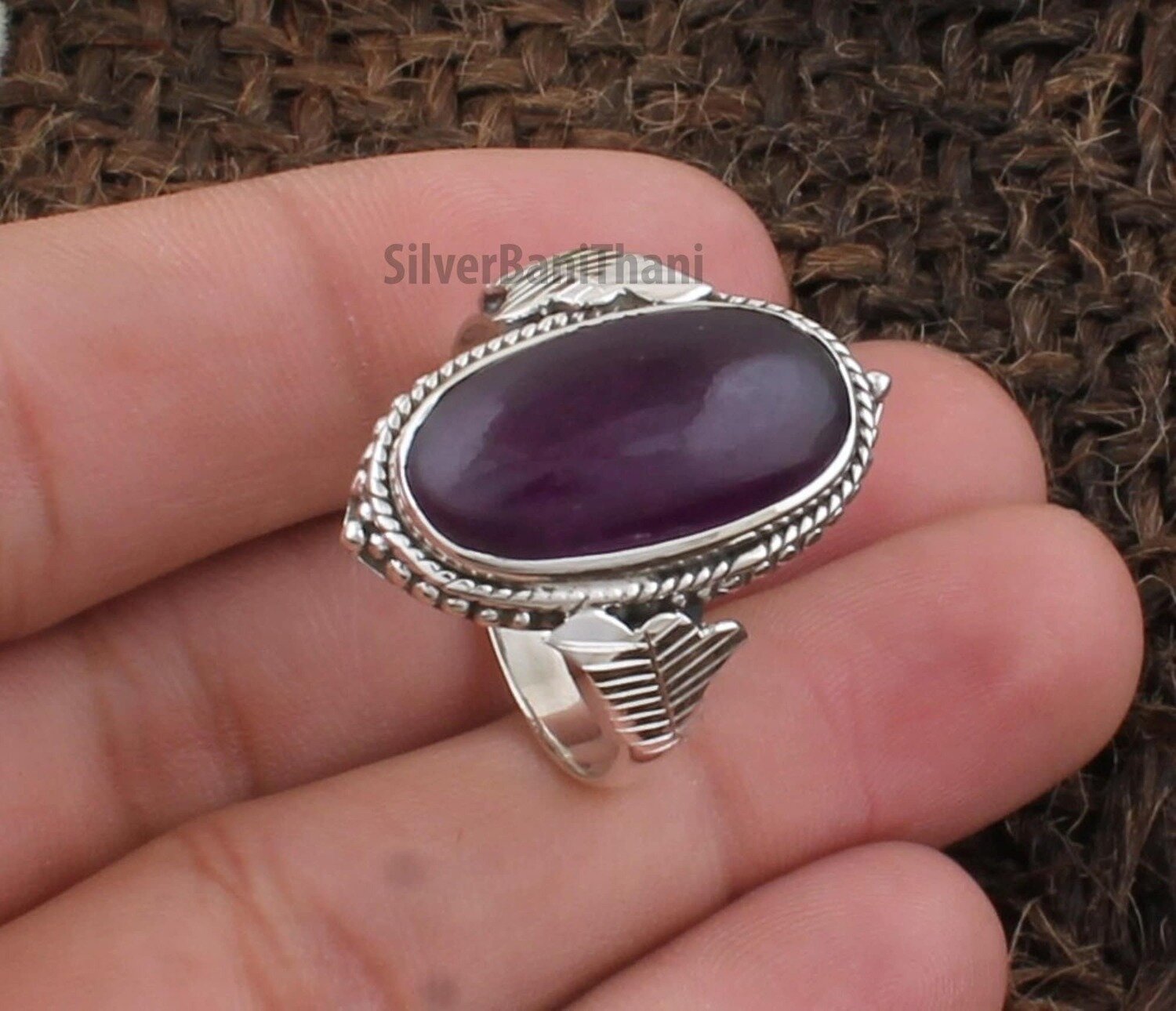 Amethyst Oval Stone Solid 925 Sterling Silver Ring For Women | Boho Handmade Carved Silver Leaves Ring For Wedding Anniversary Gift Idea2022