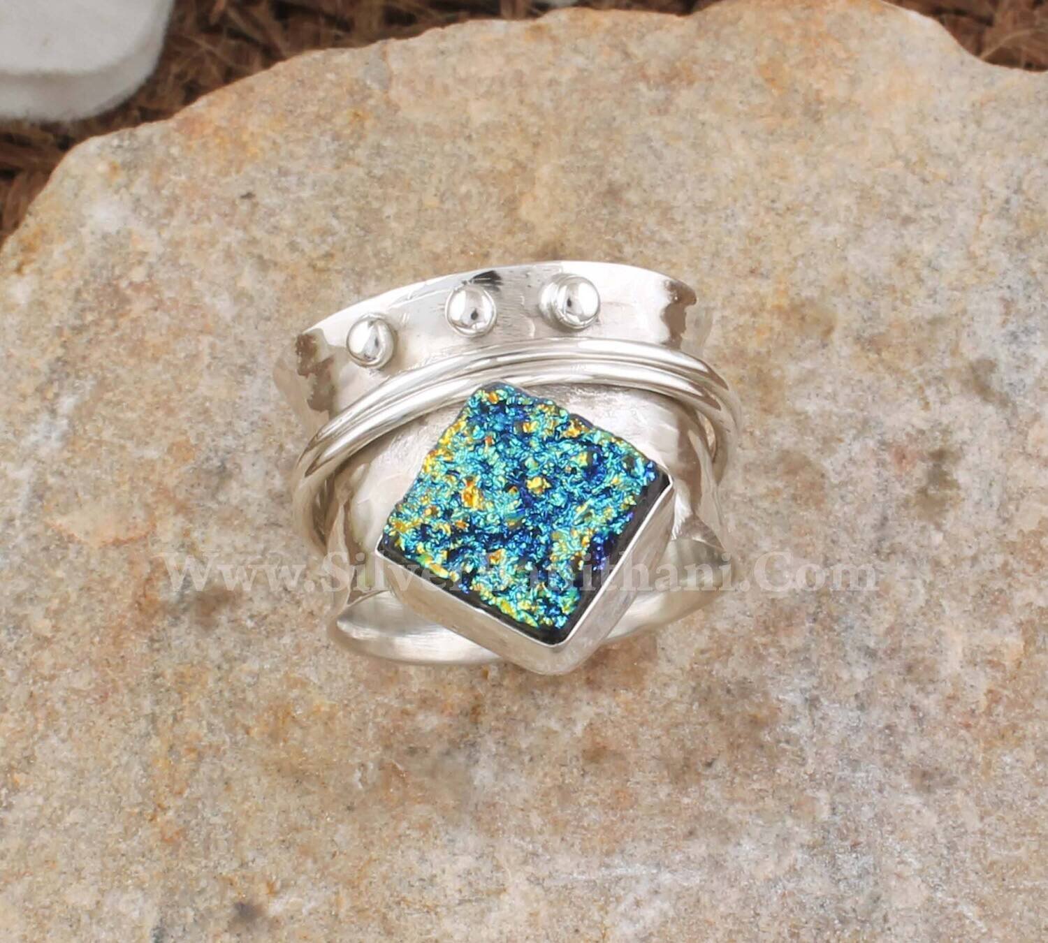 Titanium Druzy Silver Spinner Ring | 925 Sterling Silver Druzy Square Spinner Ring | Silver Ring For Wedding Gift | Anniversary For Gift