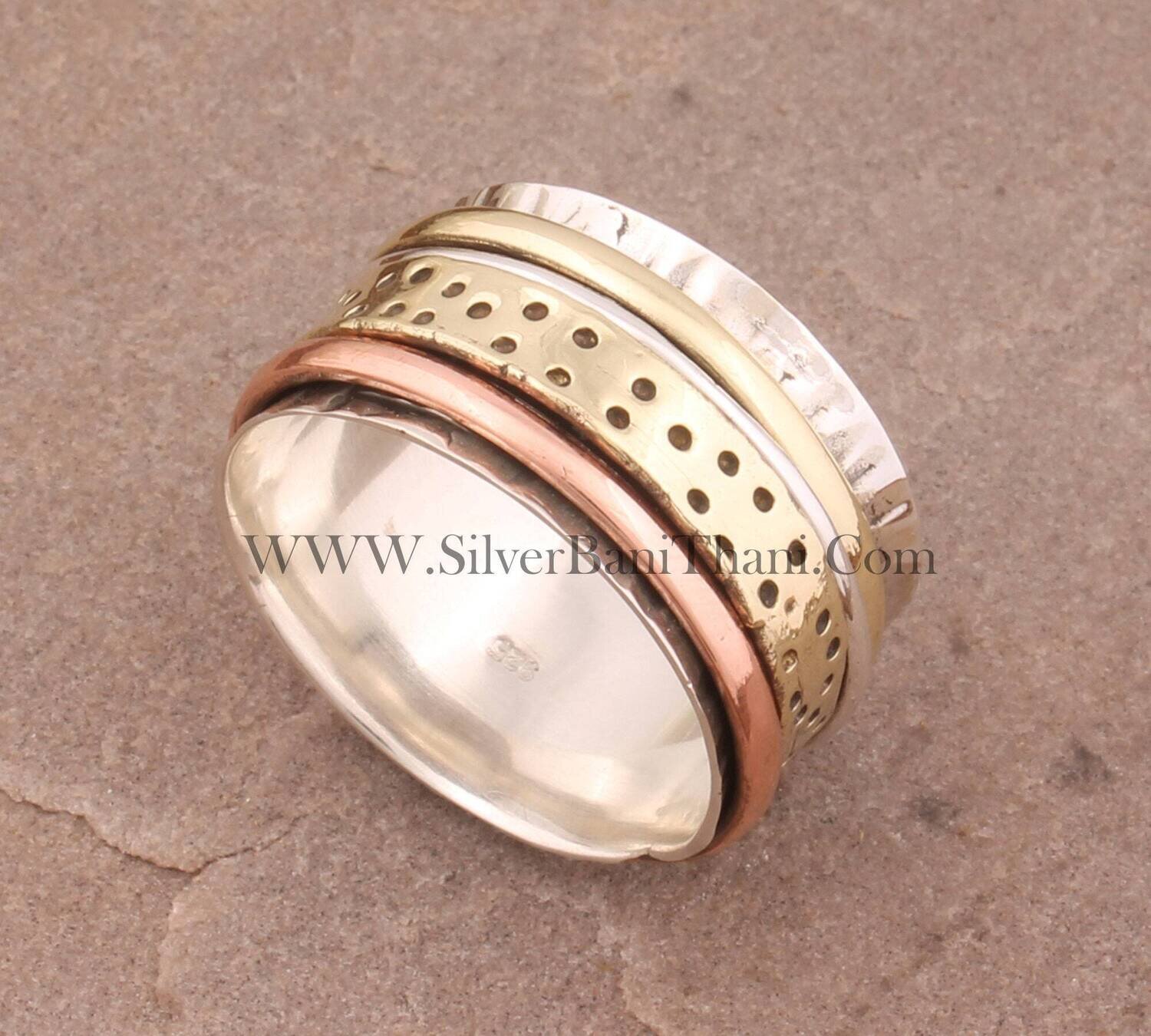 Textured Multi Rustic Solid 925 Sterling Silver Band Spinner Ring For Women Handmade Three Tone Fidget Anxiety Rings For Birthday Gifts 2022