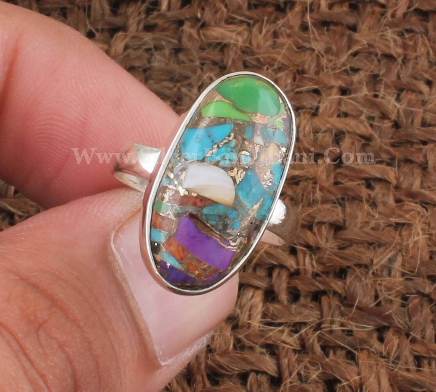Mix Copper Turquoise Gemstone Silver Ring | 925 Sterling Silver Oval Shape Gemstone Ring | Handmade Women Silver Jewelry Gift Idea For Her