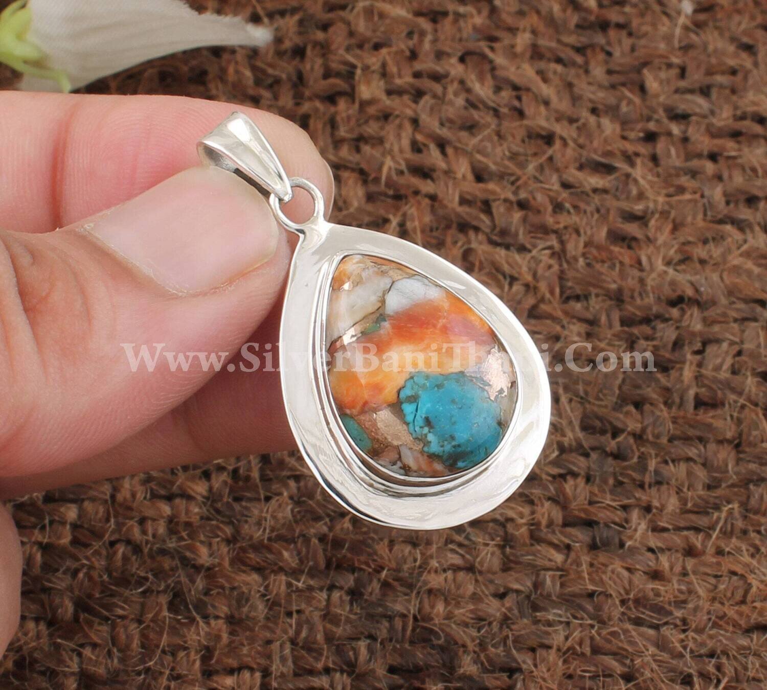 Oyster Copper Turquoise Silver Pendant | 925 Sterling Silver Pear Gemstone Necklace Pendant | Designer Handmade Pendant For Women Gift Idea
