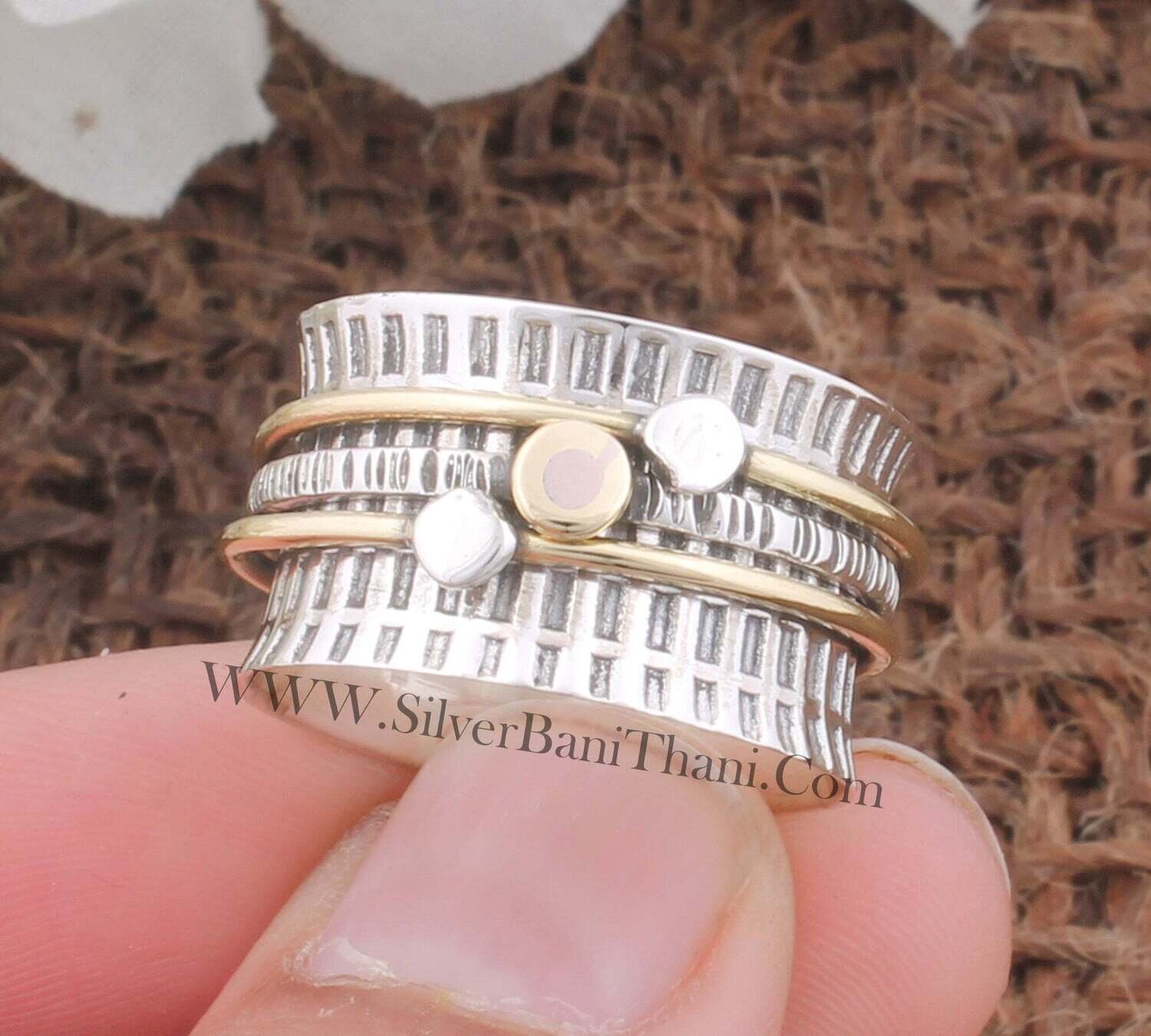 Three Wide Band Spinner Ring Solid 925 Sterling Silver &amp; Brass Carved Spinner Ring Meditation Ring Worry Ring Boho Thumb Ring For Women Ring