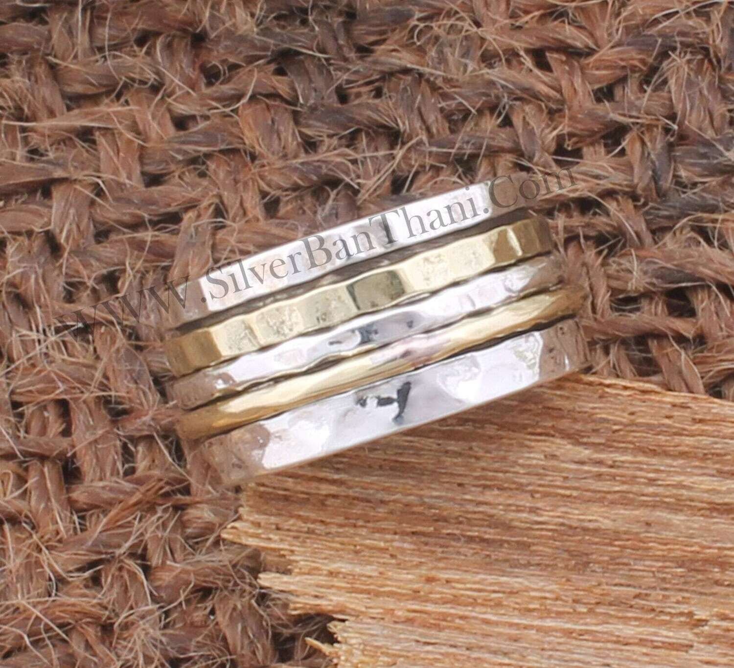 Solid 925 Sterling Silver Hammered Band Spinner Ring For Women | Handmade Two Tone Three Fidget Anxiety Rings For Anniversary Gifts For Her