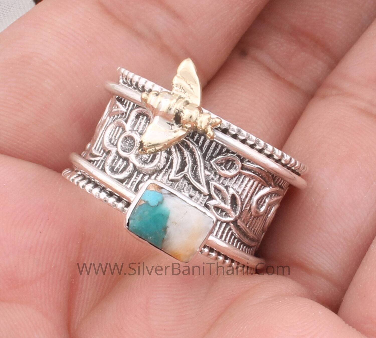 Oyster Copper Turquoise Silver Spinner Ring | 925 Sterling Silver &amp; Brass Emerald Spinner Band Ring | Hand Carved Honey Bee Silver Ring Gift