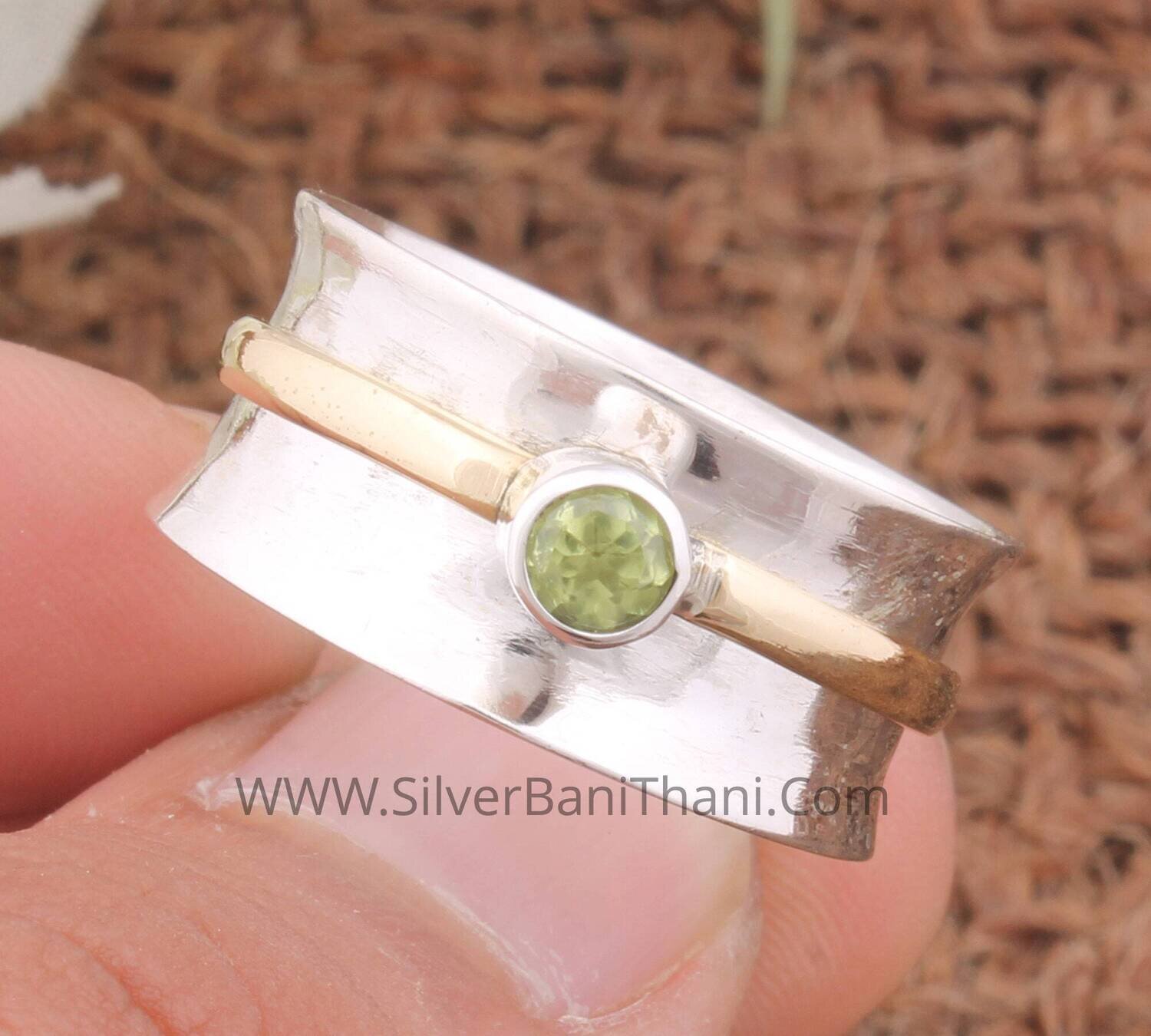 Spinner Ring Peridot 925 Sterling Solid Silver Ring Peridot Semi Precious Stone With Brass Tone Spinner Silver Band Ring Two Tone Ring2022