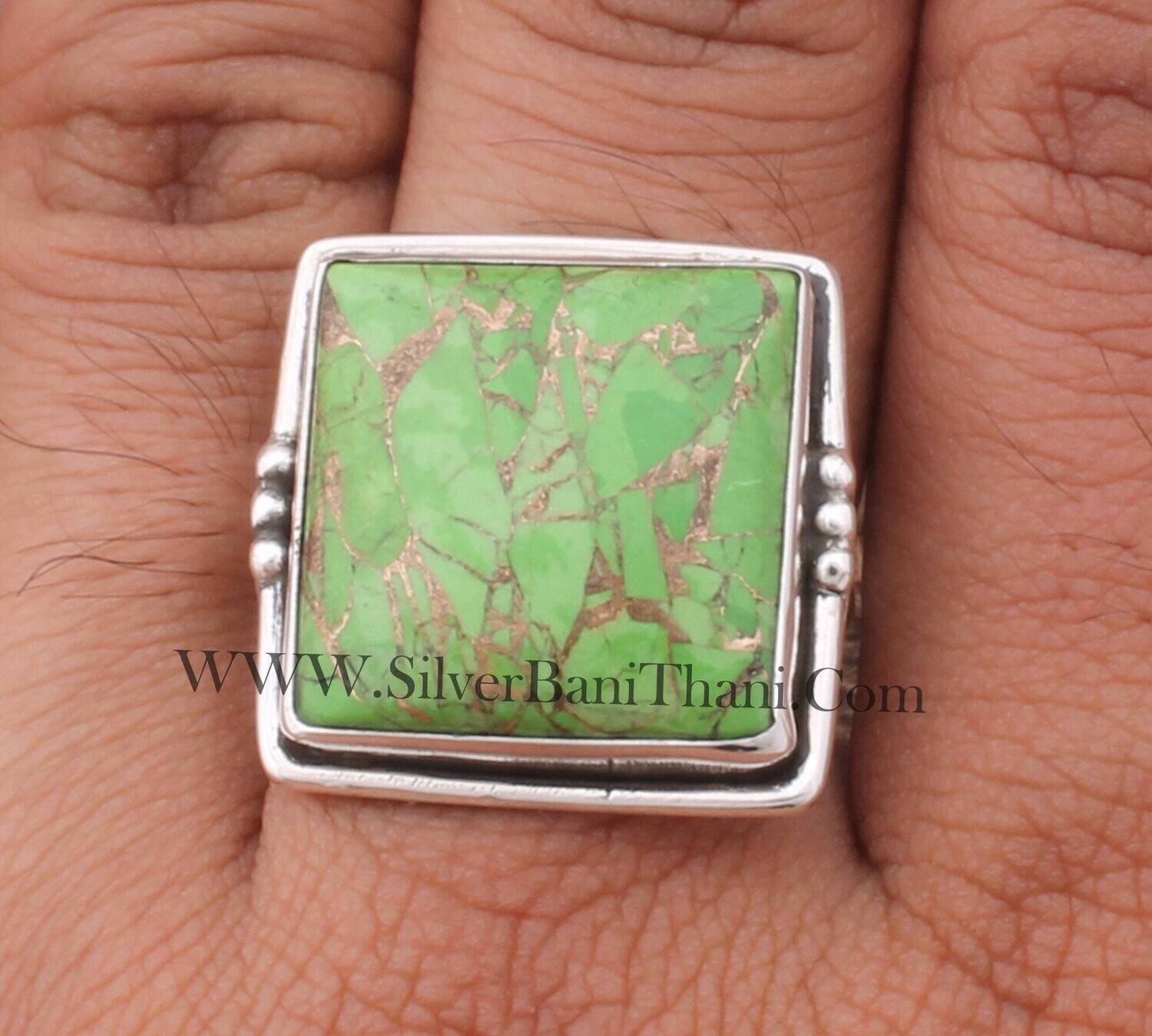 Green Copper Turquoise Solid 925 Sterling Silver Ring For Women, Handmade Cushion Stone Band Ring Gifts Idea For Her Birthday Anniversary