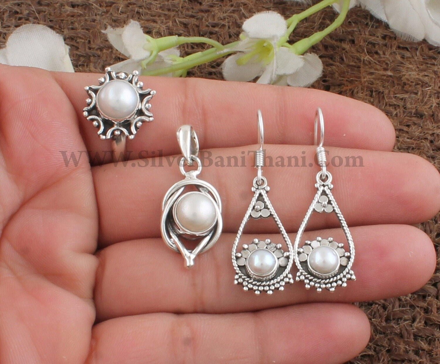 925 Sterling Silver Pearl Gemstone Jewelry | Designer Round Gemstone Silver Jewelry Set | Handmade Bridesmaid Jewelry | Bridal Jewelry Gift