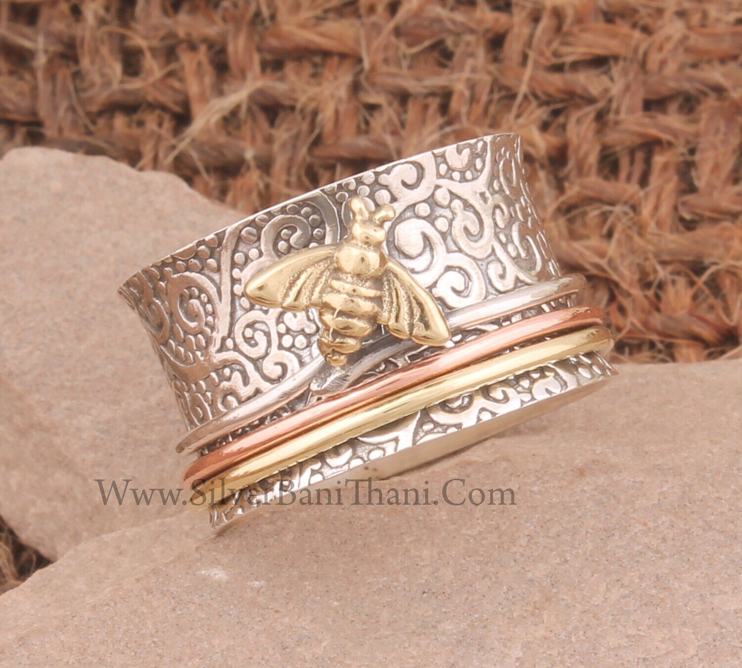 Honey Bee Silver Solid Spinner Ring Solid 925 Sterling Silver Band Ring Handmade Three Tone Boho Worry Ring Three Fidget Anxiety Ring Gifts