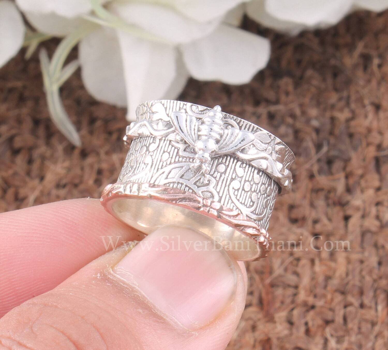 Honey Bee Silver Solid Spinner Ring | Solid 925 Sterling Silver Band Ring | Women Wedding Jewelry Ring | Two Tone Band Ring For Women Gift