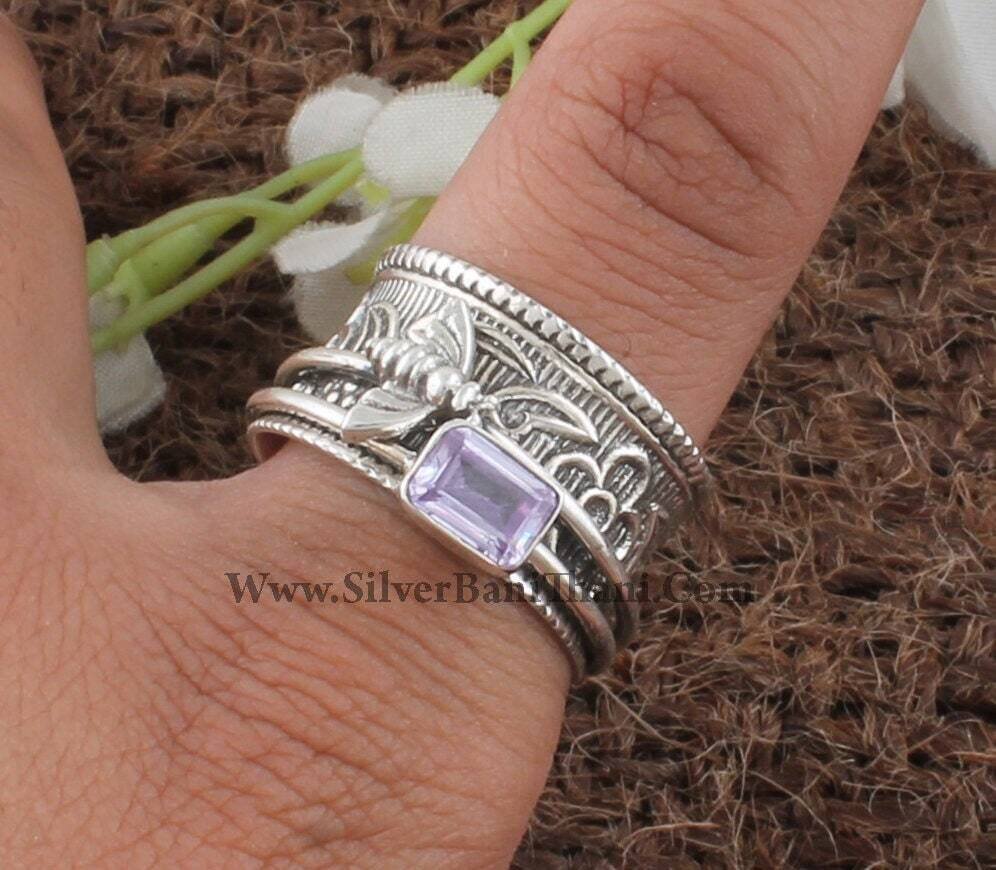 Natural Amethyst Silver Spinner Ring | 925 Sterling Silver Faceted Cut Amethyst Spinner Ring | Designer Hand Carved Honey Bee Silver Ring