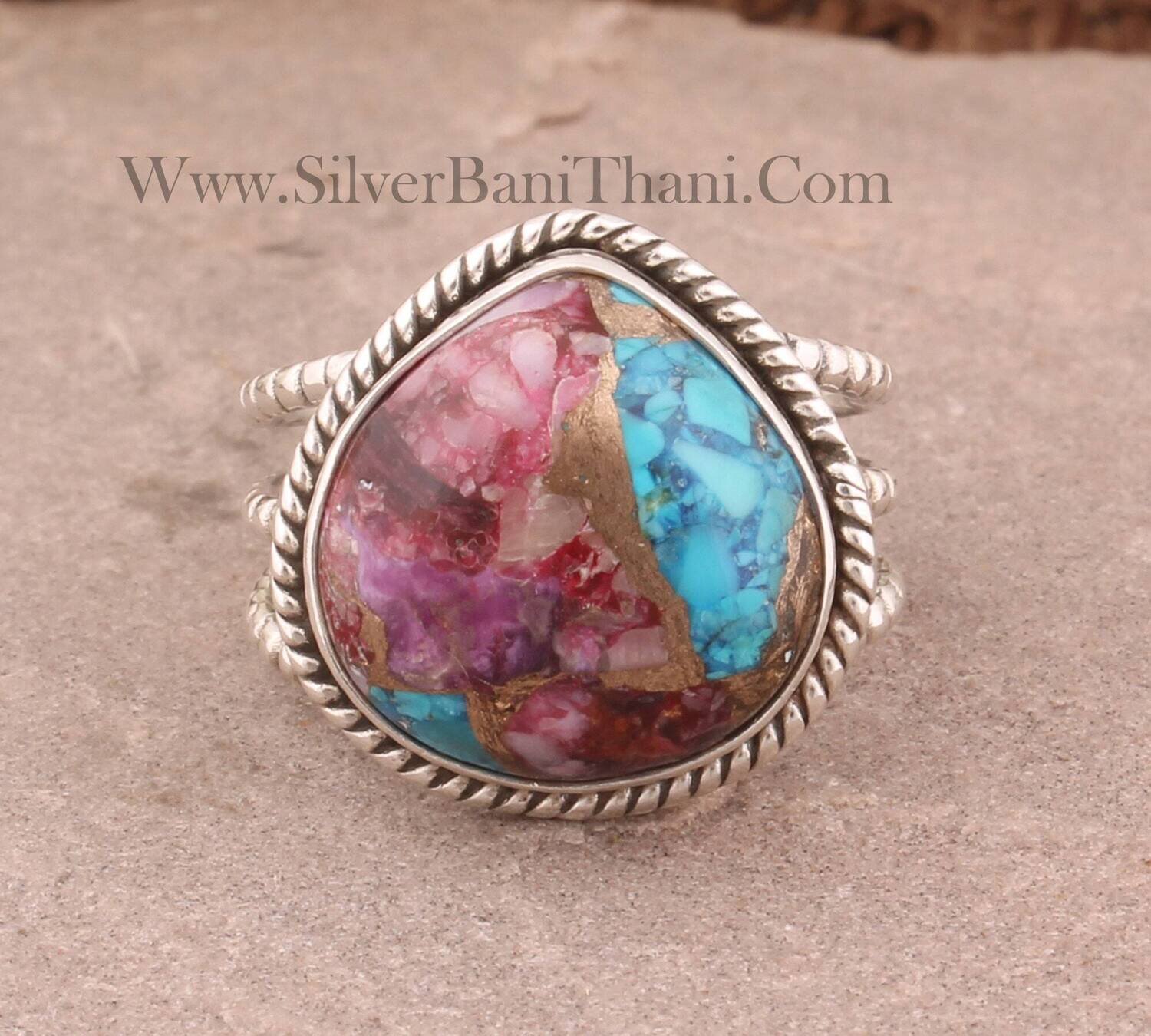 Silver Band Ring Mix Spiny Copper Turquoise Gemstone Solid 925 Sterling Silver Ring For Women | Heart Stone Birthday Gift Idea#Mother's Day