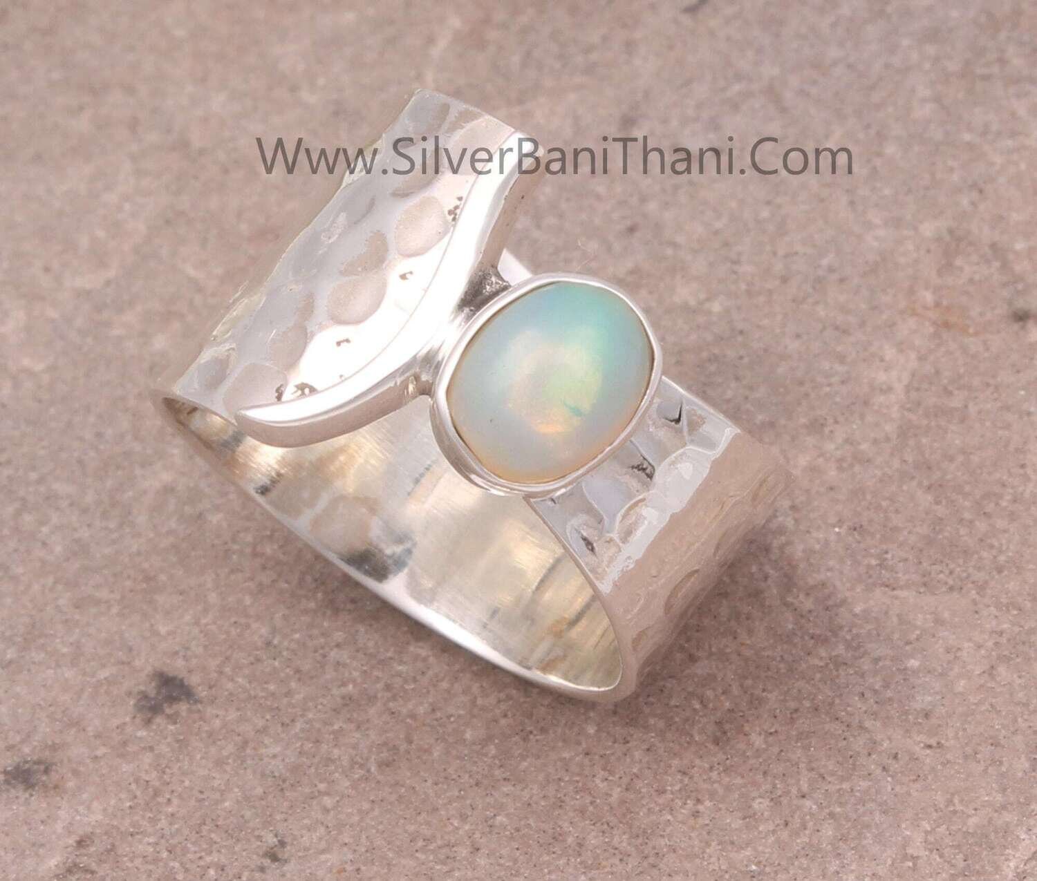 Natural Ethiopian Opal Solid 925 Sterling Silver Ring For Women | Handmade Opal Oval Silver Fancy Hammered Band Ring For Anniversary Gifts