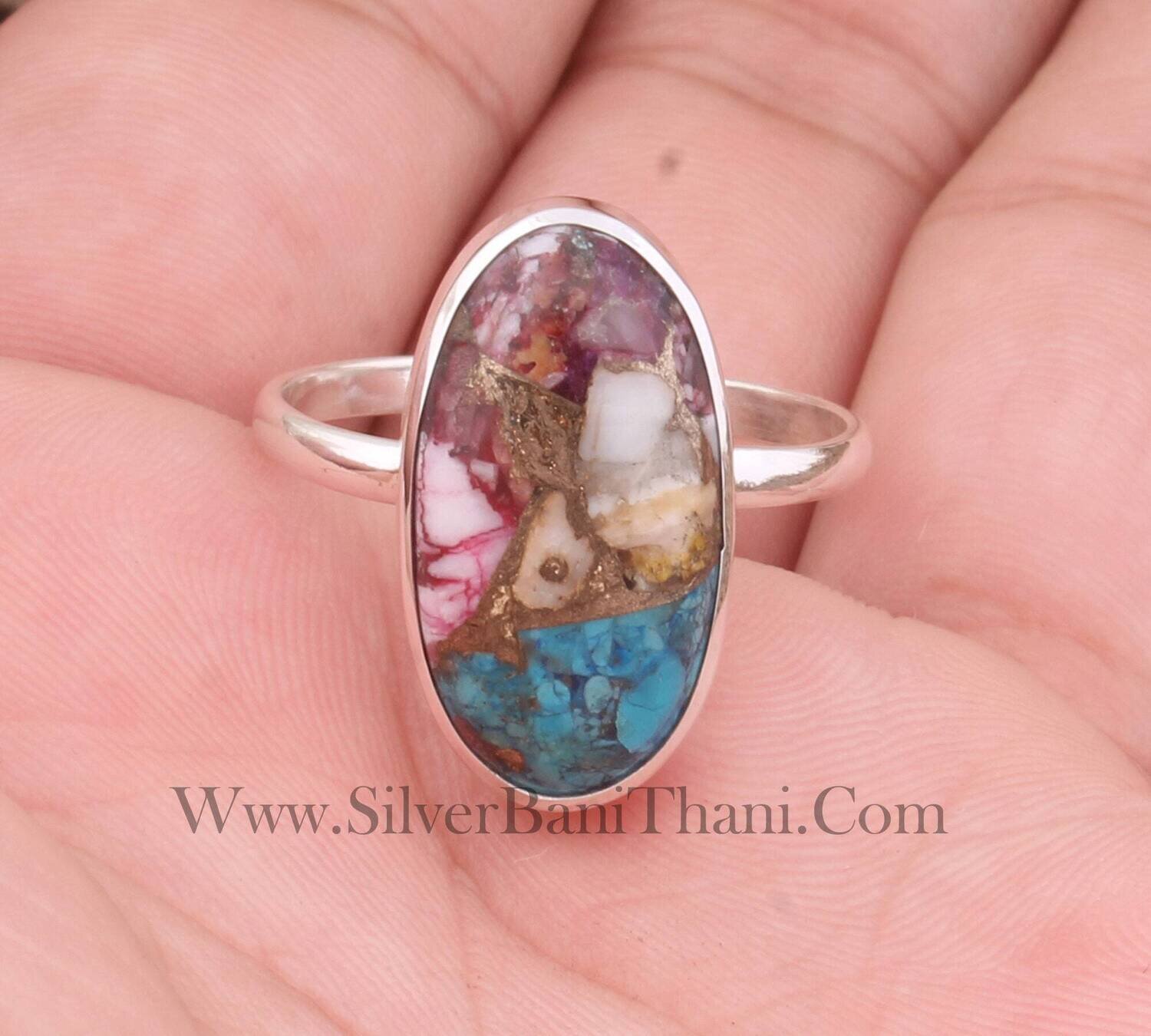 Mix Spiny Copper Turquoise Oval Shape Stone Silver Ring | 925 Sterling Solid Silver Ring | Handmade Boho Everyday Jewelry For Women Gift2022