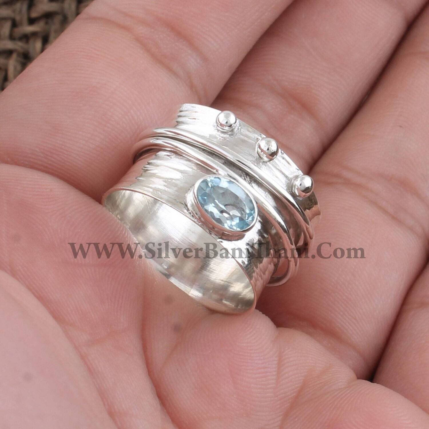 Natural Blue Topaz Silver Stone Spinner Ring | 925 Sterling Silver Oval Shape Gemstone Ring | Designer Handmade Band Ring | Thumb Ring Gift