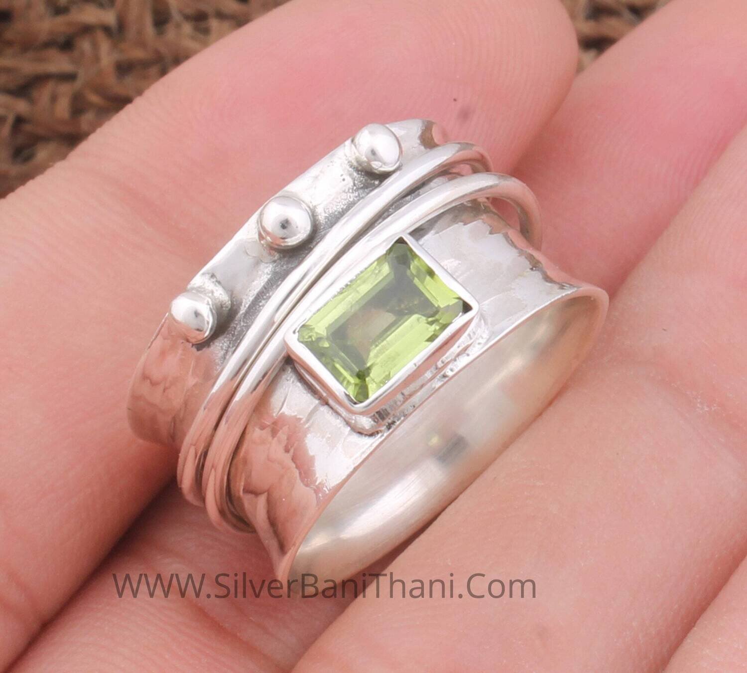 Peridot Gemstone Silver Spinner Ring | 925 Sterling Silver Rectangle Gemstone Ring | Designer Handmade Band Ring | Thumb Ring Gift