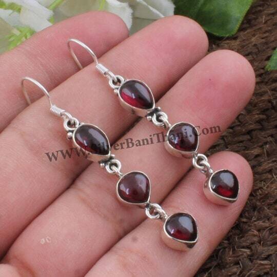 Red Garnet Earring-Three Stone Earring- 925 Sterling Solid Silver Earring-Three Stone Cabochon Earring-Red Garnet Semi Precious Earring2022