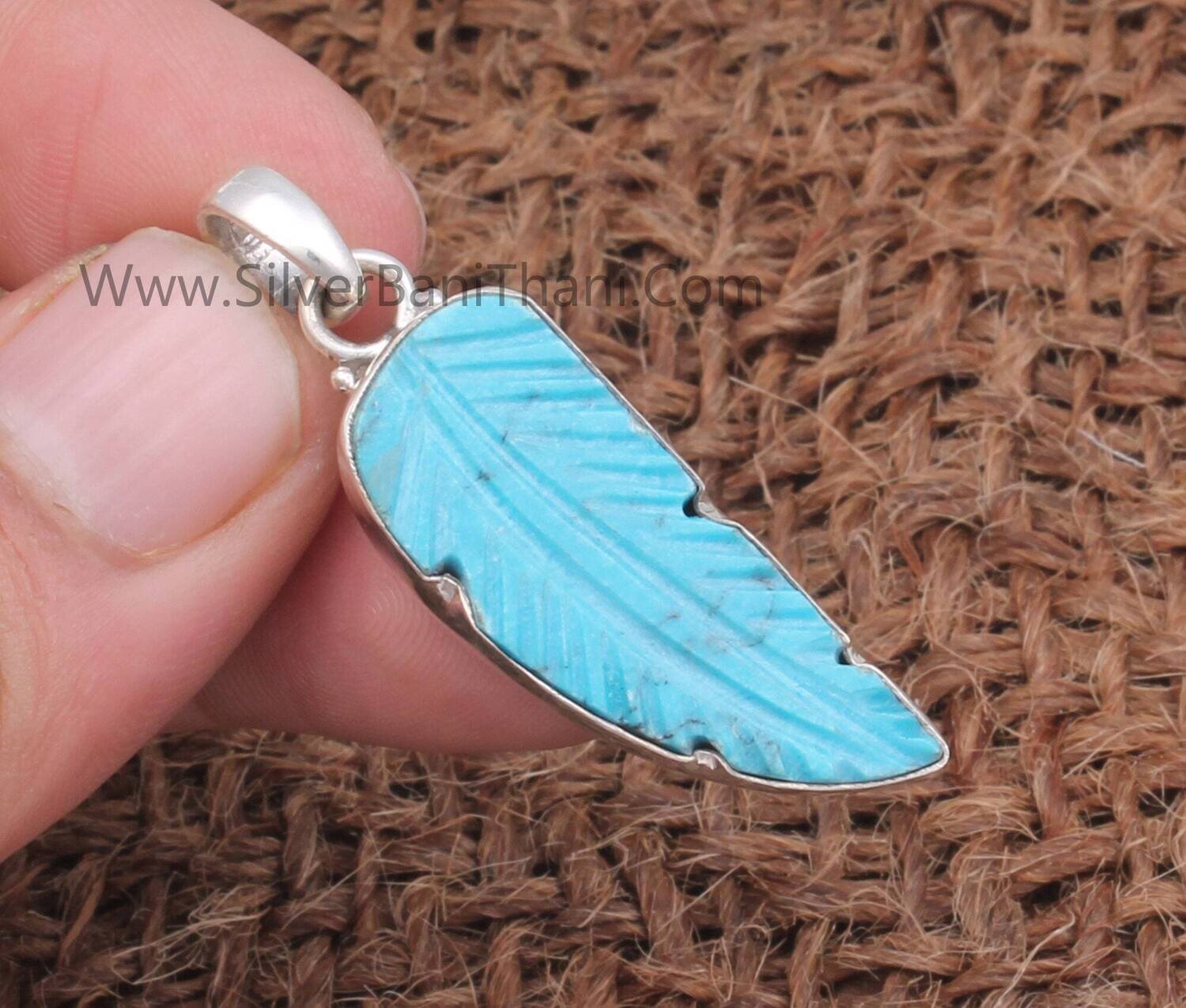 Engraved Turquoise Long Fancy Stone Solid 925 Sterling Silver Pendant For Women | Handmade Feather Leaf Solid Silver Pendant For Anniversary