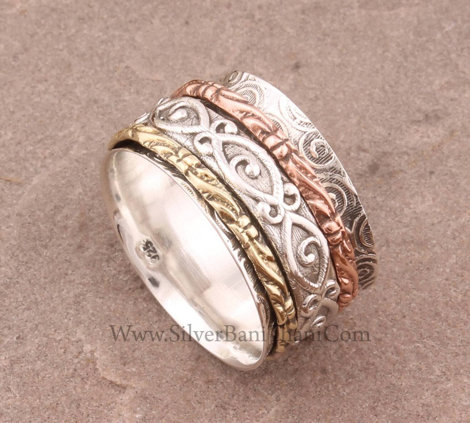 Beautiful Solid 925 Silver Spinner Ring Solid 925 Sterling Silver Artisan Ring Handmade Three Tone Anxiety Ring Meditation Ring Boho Ecwid Love 2022