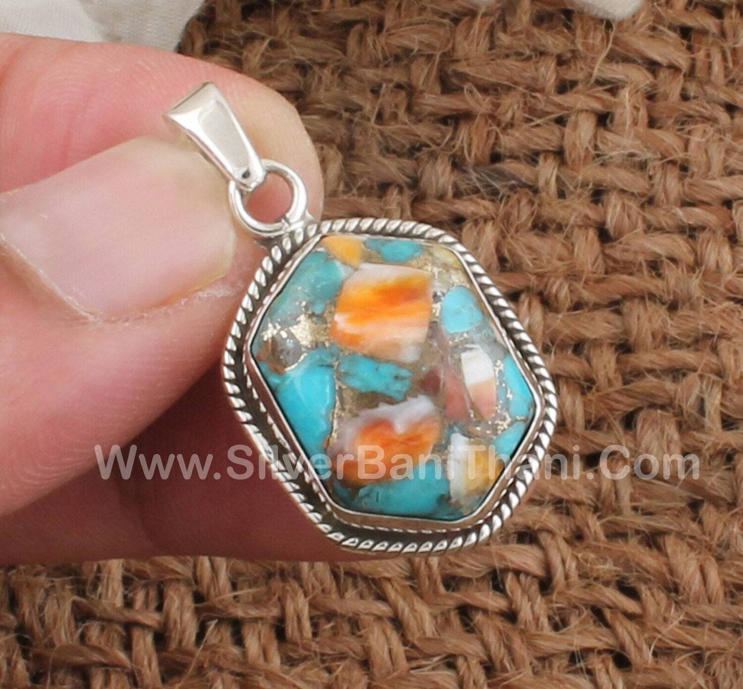 Oyster Copper Turquoise Solid 925 Sterling Silver Necklace Pendant For Women |Handmade Hexagon Gemstone Pendant For Wedding Anniversary Gift