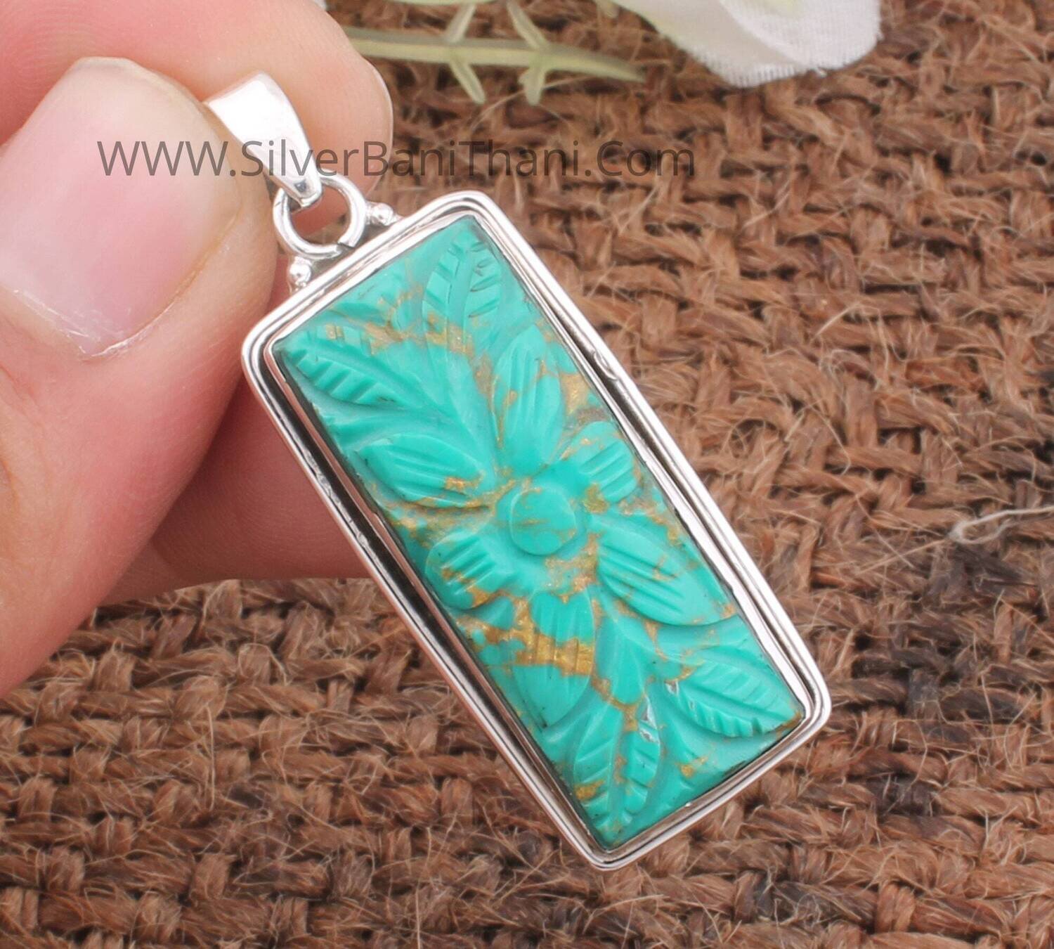 Carving Copper Turquoise Gemstone Pendant | 925 Sterling Silver  Mughal Carving Gemstone Pendant | Designer Hand Carved Flower Pendant