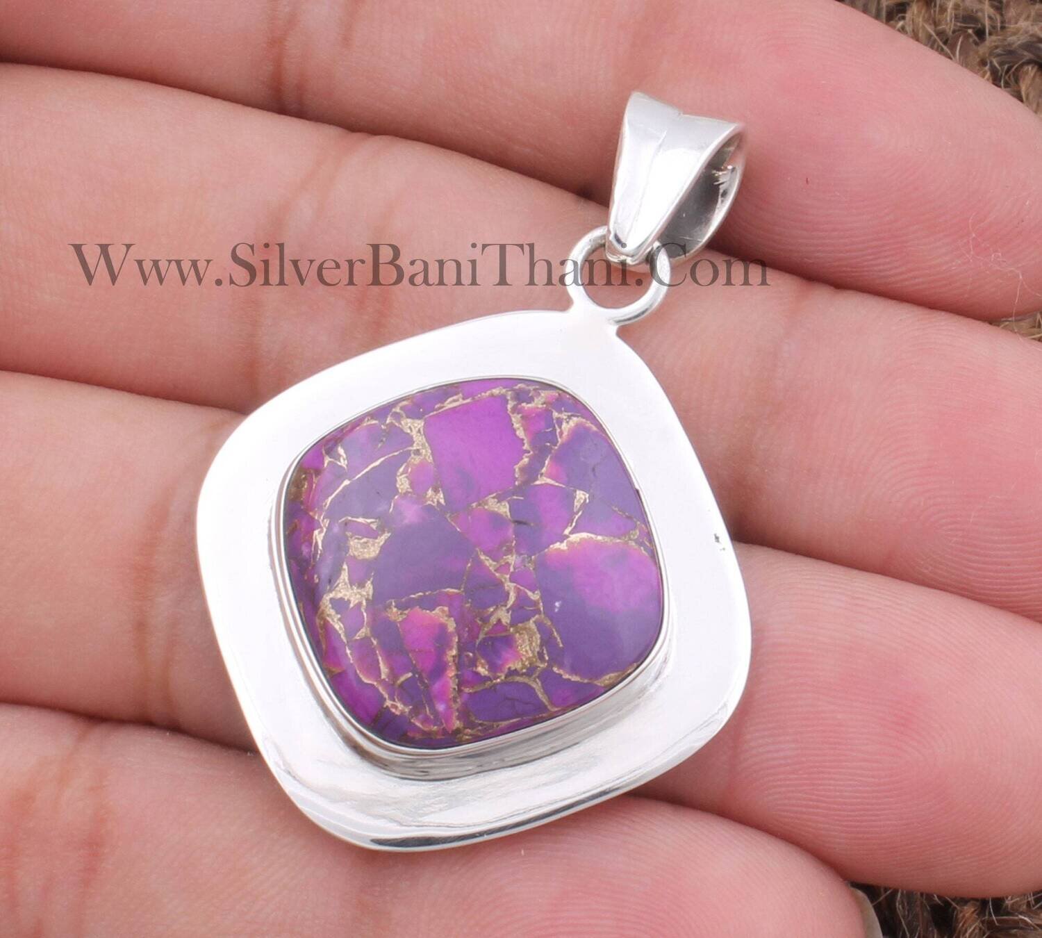 Purple Copper Turquoise Solid 925 Sterling Silver Necklace Pendant For Women | Handmade Plain Silver Cushion Pendant Gifts For Her Birthday
