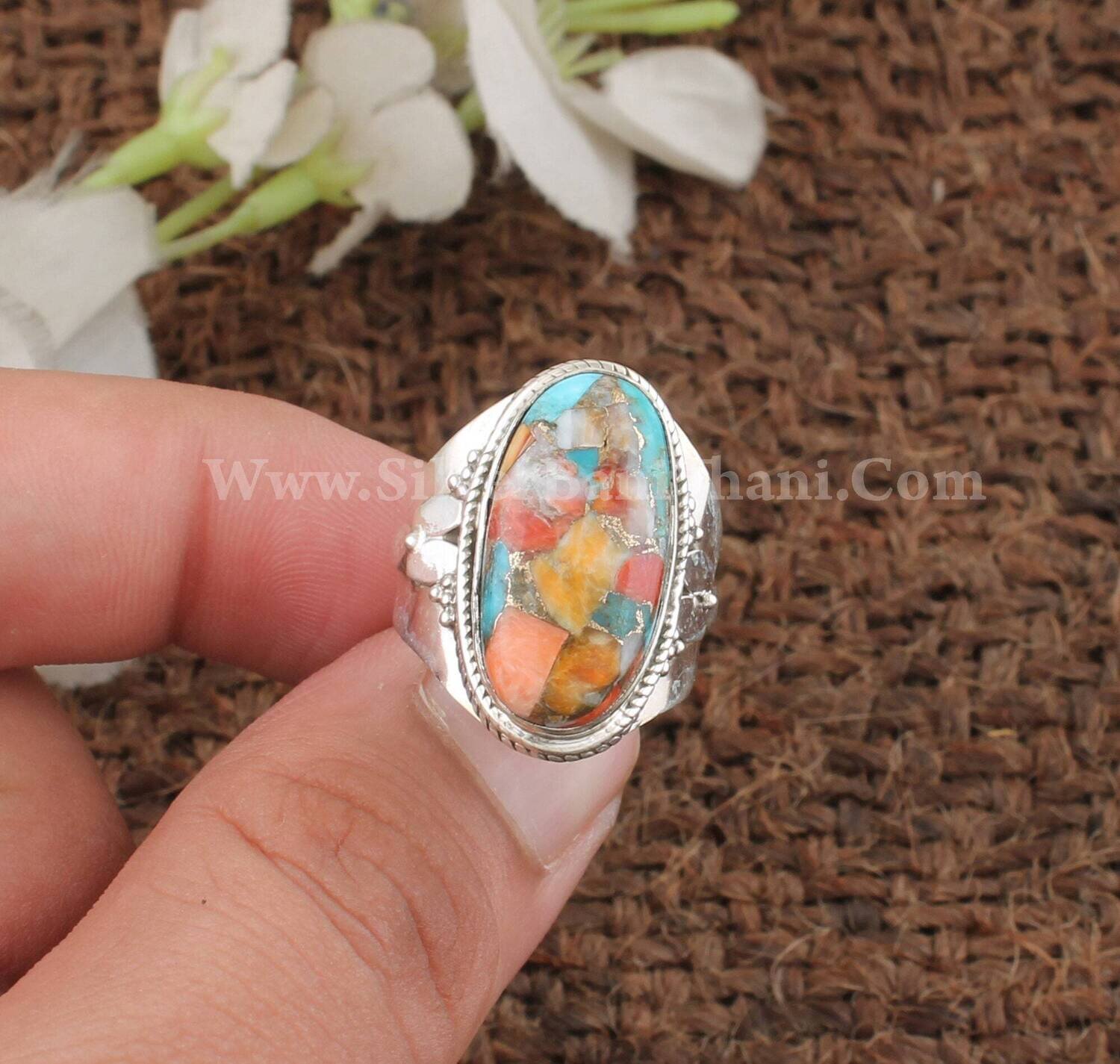Oyster Copper Turquoise Silver Ring | Smooth Oval Shape Gemstone Designer Silver Ring | Handmade Big Stone Wedding Jewelry Gift For Women