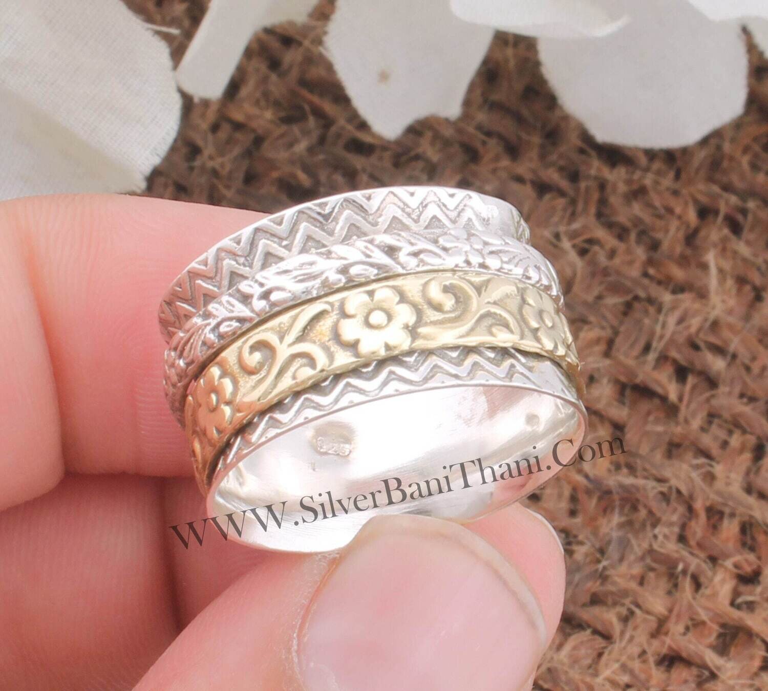 Flowers Vine Solid 925 Sterling Silver Engraved Band Spinner Ring For Her Handmade Two Tone Fidget Anxiety Ring Textured Ring Birthday Gift