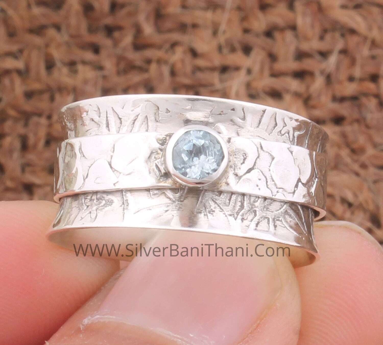 SOLID Silver Blue Topaz Spinner Ring | 925 Sterling Silver Handmade Meditation Gemstone Ring | Women Wedding Jewelry | Anniversary Gift Idea