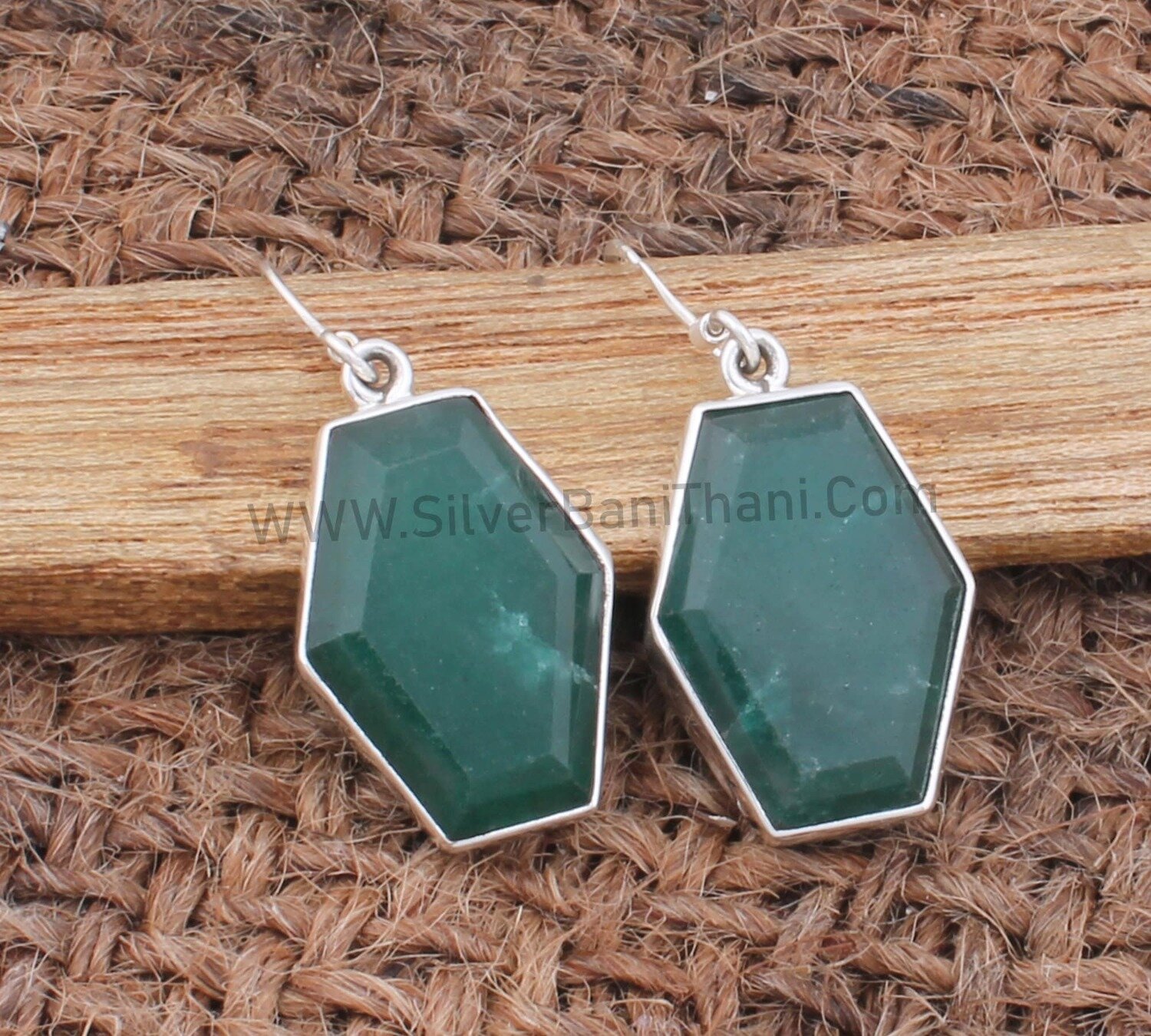 Emerald Hexagon Shape Gemstone Silver Earring | 925 Sterling Solid Silver Earrings | Designer Handmade Earrings | Women Silver Jewelry Gift