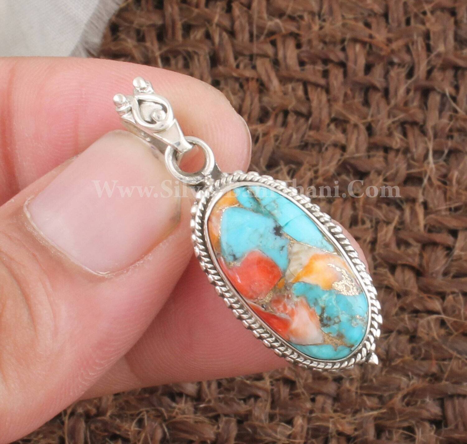 Oyster Copper Turquoise Oval Shape Gemstone Pendant | 925 Sterling Silver Pendant | Designer Handmade Pendant | Oyster Copper Jewelry Gift