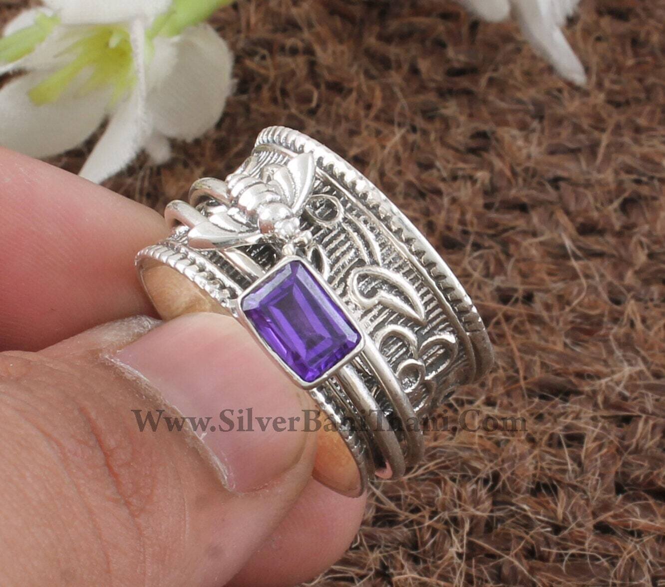 Amethyest Silver Spinner Ring | 925 Sterling Silver Faceted Cut Zircon Spin Rings | Designer Hand Carved Honey Bee Silver Ring#Mother's Day