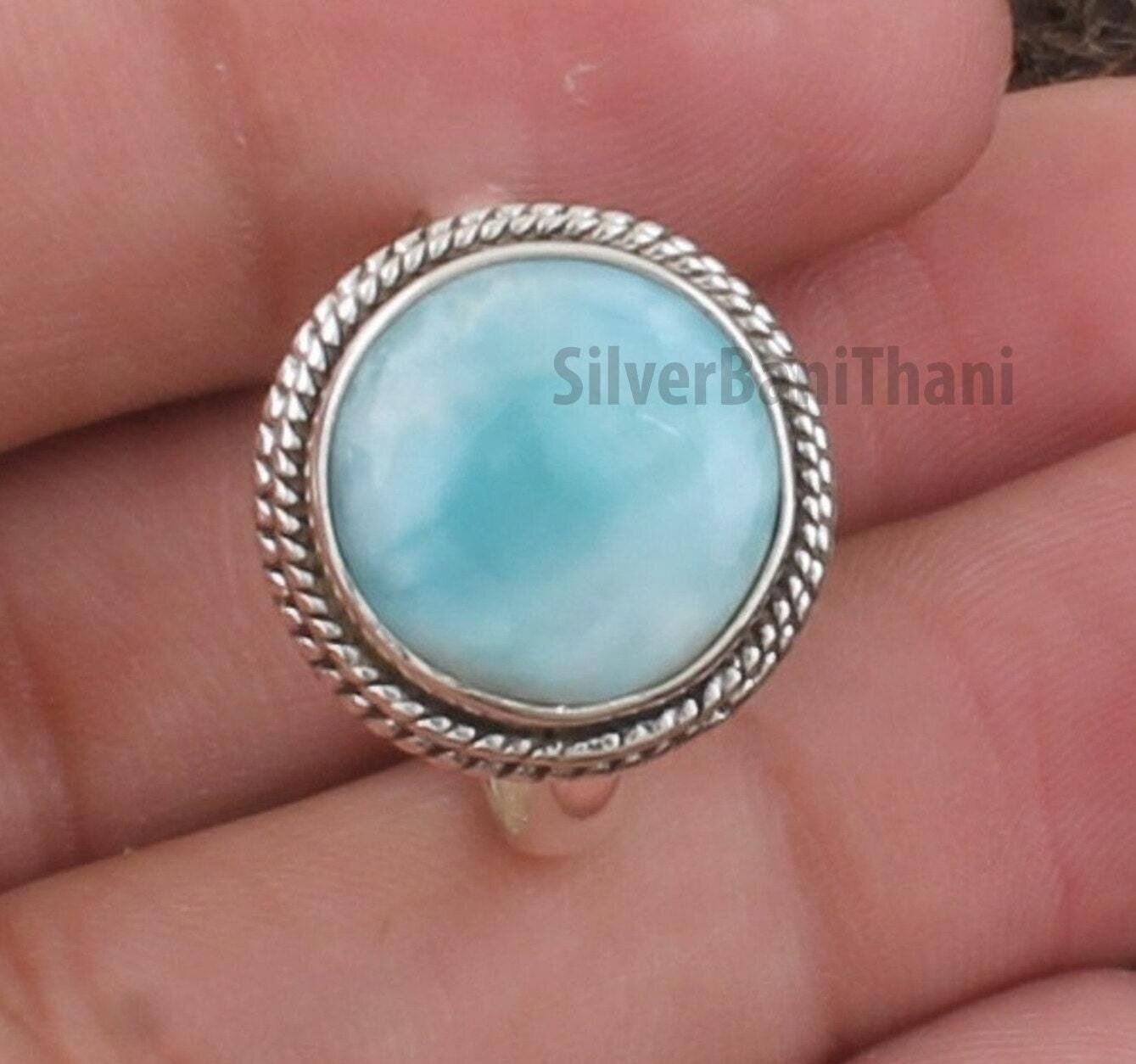 Amazing Larimar Silver Ring | 925 Sterling Solid Silver Ring | Round Gemstone Ring | Handmade Ring | Everyday Jewelry | Valentine's Day Gift
