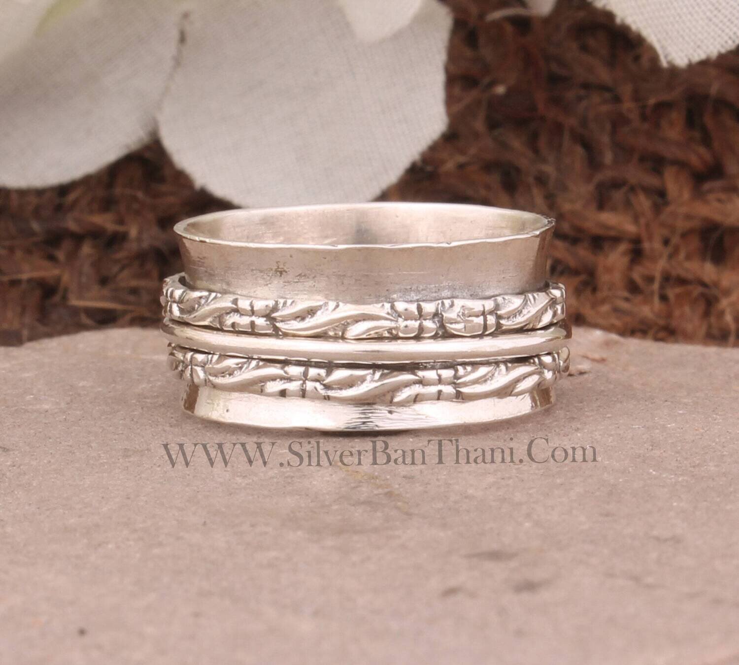925 Sterling Silver Hand Carved Leaf Spinner Ring | Designer Handmade Silver Meditation Ring | Bridal Wedding Jewelry  | Thumb Ring | Gift.