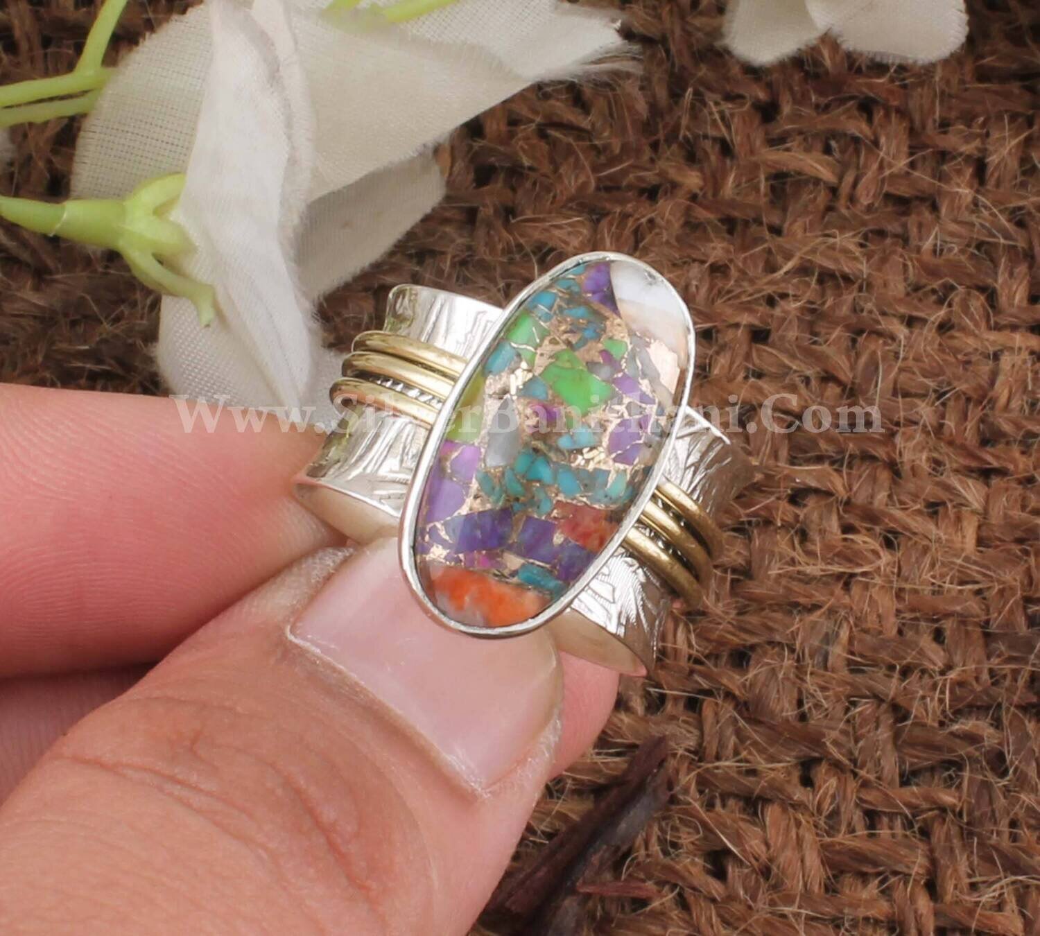Two Tone Mix Copper Turquoise Gemstone Silver Spinner Ring | 925 Sterling Silver Oval Shape Gemstone Ring | Handmade Women Silver Gift Idea