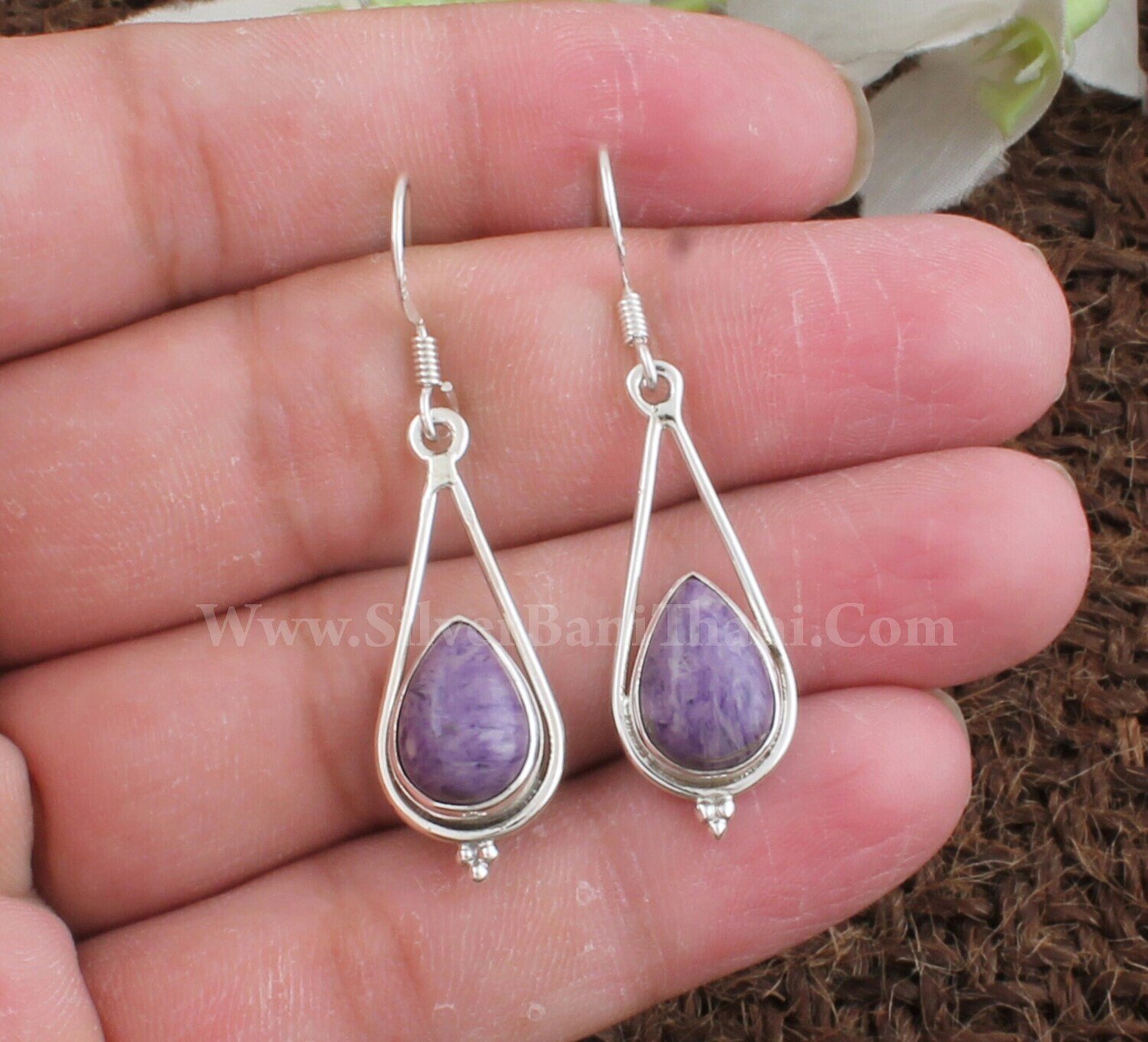 Charoite Gemstone Silver Earrings | 925 Sterling Solid Silver Earrings | Designer Pear Charoite Stone Earrings | Handmade Women Earring Gift