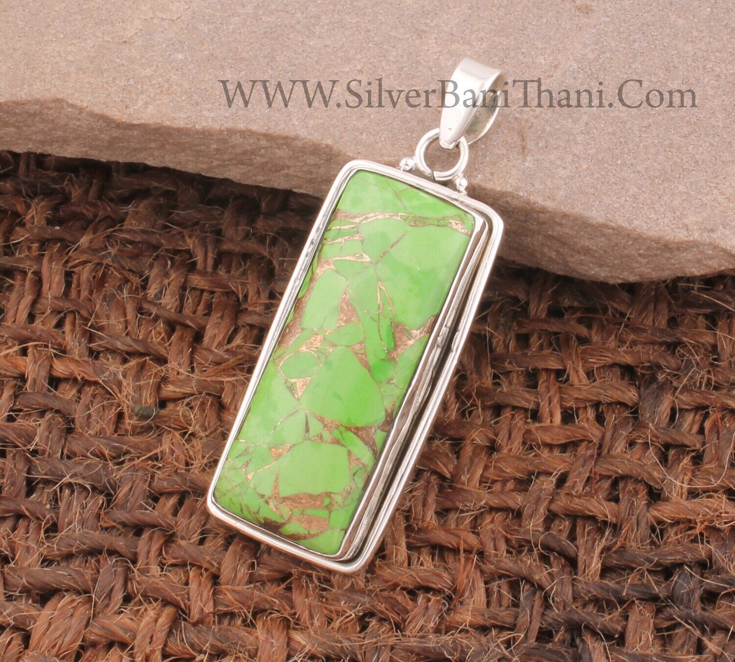 Green Copper Turquoise Gemstone Pendant | 925 Sterling Silver Rectangle Gemstone Pendant | Designer Handmade Bar Pendant | Girl Gift Jewelry