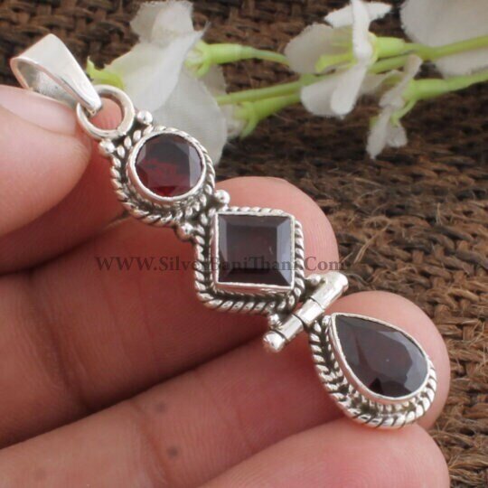 Red Garnet Pendant-Three Stone Silver Pendant-925 Sterling Silver Pendant-Cut Stone Pendant-Women Gift Pendant-Gemstone Healing Gift For Her