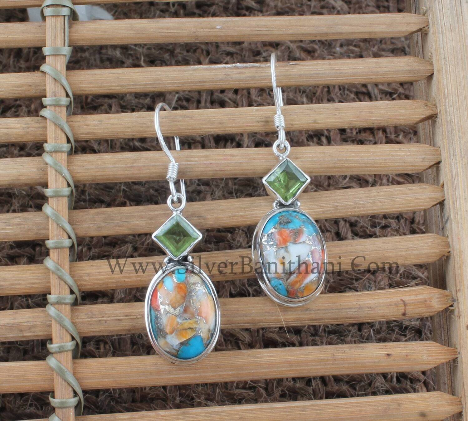 925 Sterling Solid Silver Earrings | Peridot &amp; Oyster Copper Turquoise Silver Earrings | Women Silver Earrings | Handmade Women Earring Gift