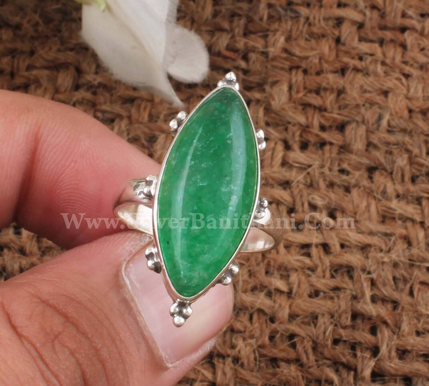 Green Jade marqu Shape Gemstone Silver Ring | 925 Sterling Solid Boho Carved Silver Ring | Handmade Jewelry | Silver Gemstone Ring Gift Idea