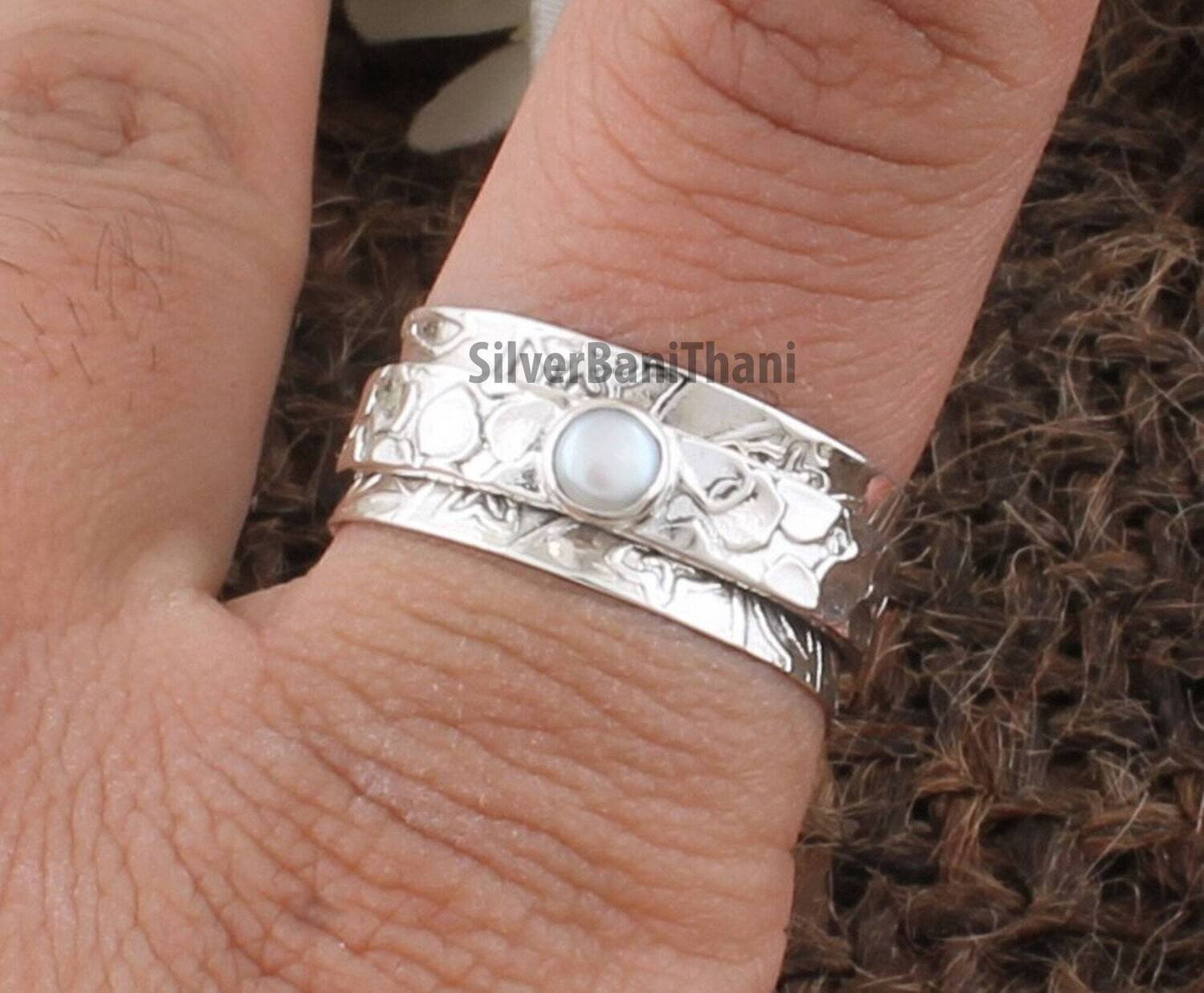 Designer Carved Silver Pearl Spinner Ring | 925 Sterling Silver Handmade Meditation Ring | Bridal Pearl Jewelry | Valentine's Day Gift Idea