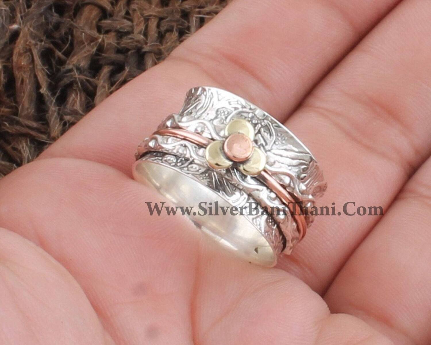 Designer Hand Carved Band Three Tone Spinner Ring | 925 Sterling Silver &amp; Brass Floral Worry Ring | Present For Her | Thumb Ring | Gift Idea