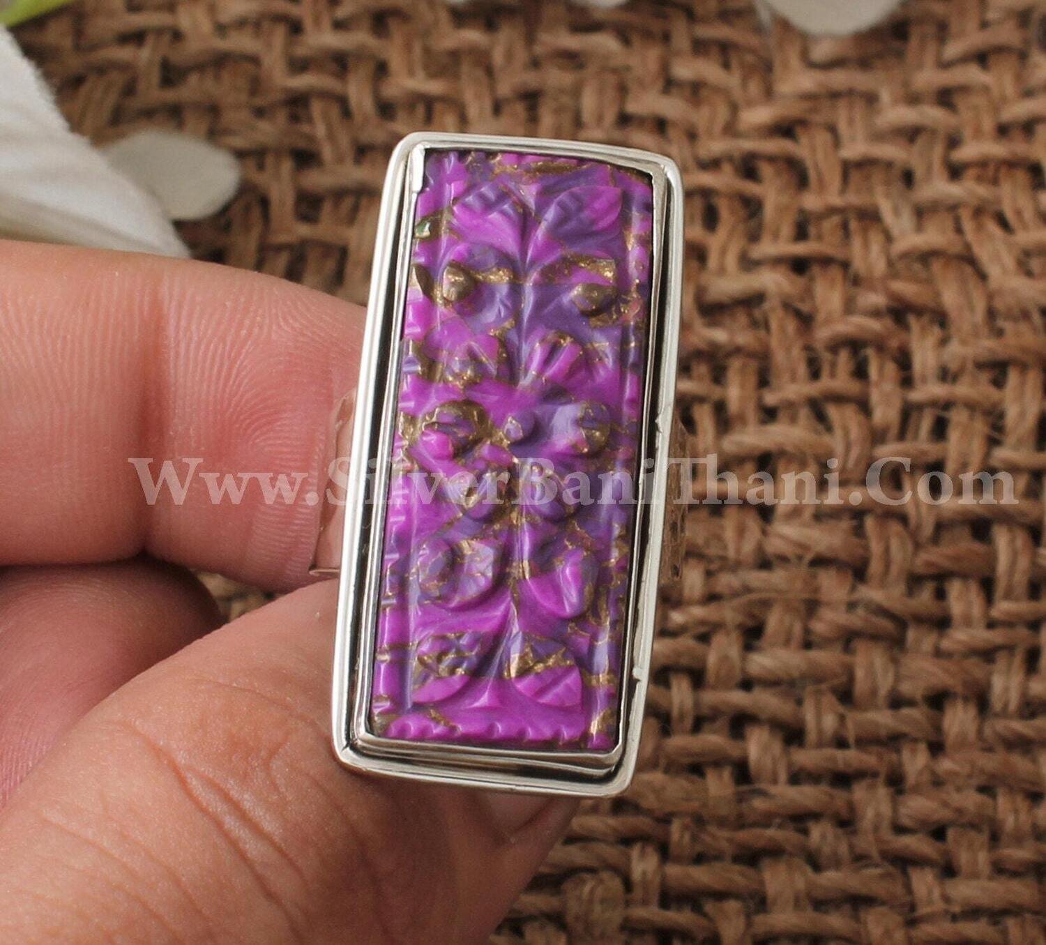 Purple Copper Turquoise Rectangle Shape Flower Carved Gemstone Silver Ring | 925 Sterling Solid Silver Ring | Mughal Carving Gemstone Ring
