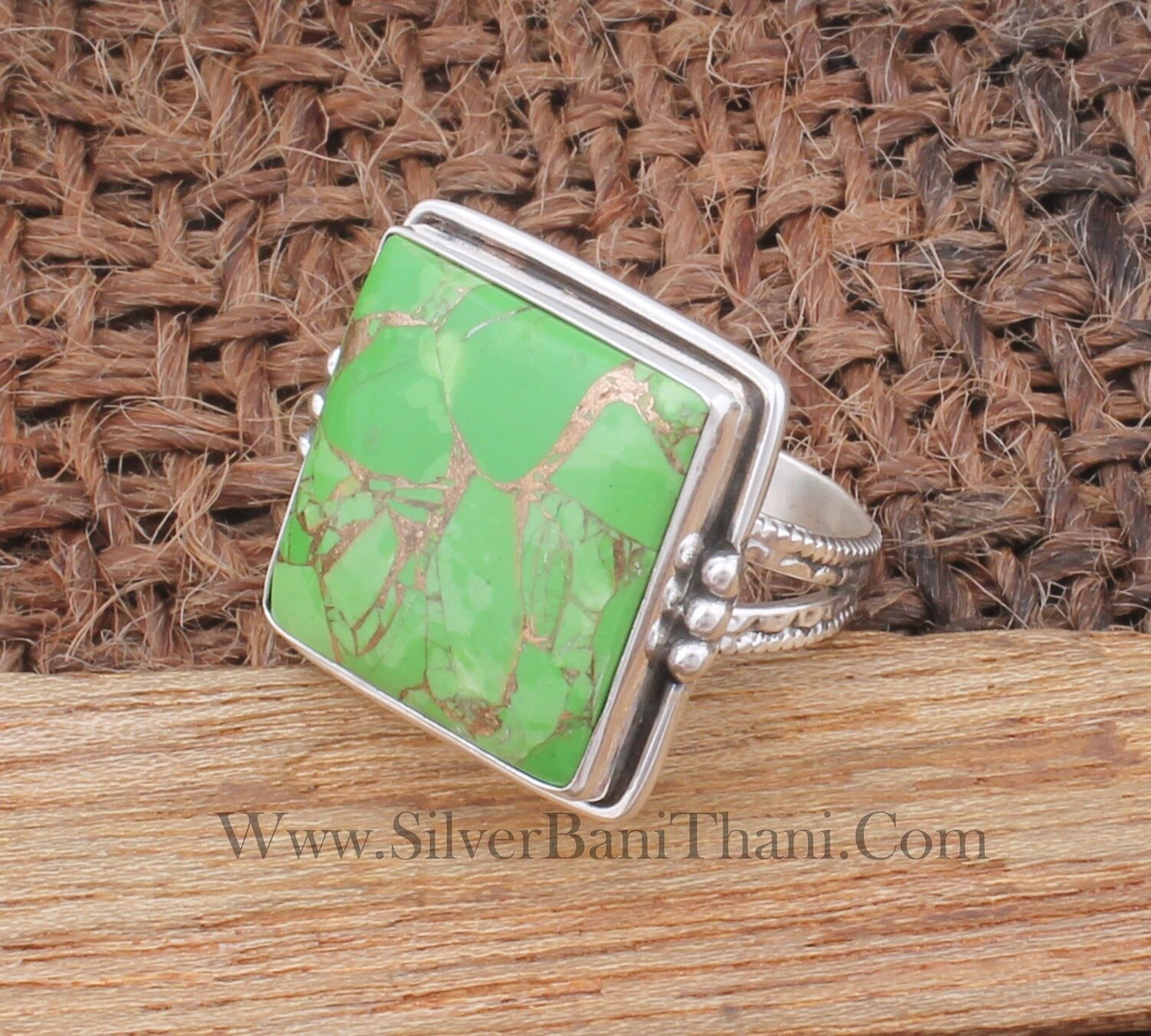 Green Copper Turquoise Squire Shape Stone Silver Ring 925 Sterling Solid Silver Ring Carved Band Silver Ring Handmade Silver Jewelry Gifts
