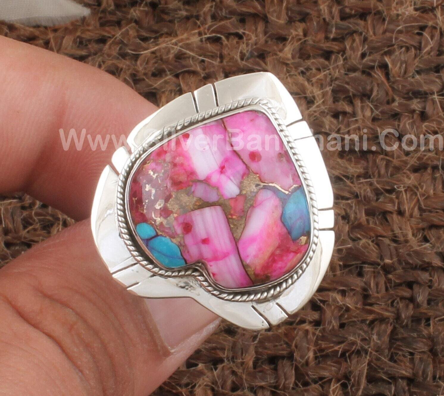 Pink Copper Turquoise Heart Shape Gemstone Silver Ring | 925 Sterling Solid Love Heart Stone Silver Ring | Handmade Jewelry For Women Gift