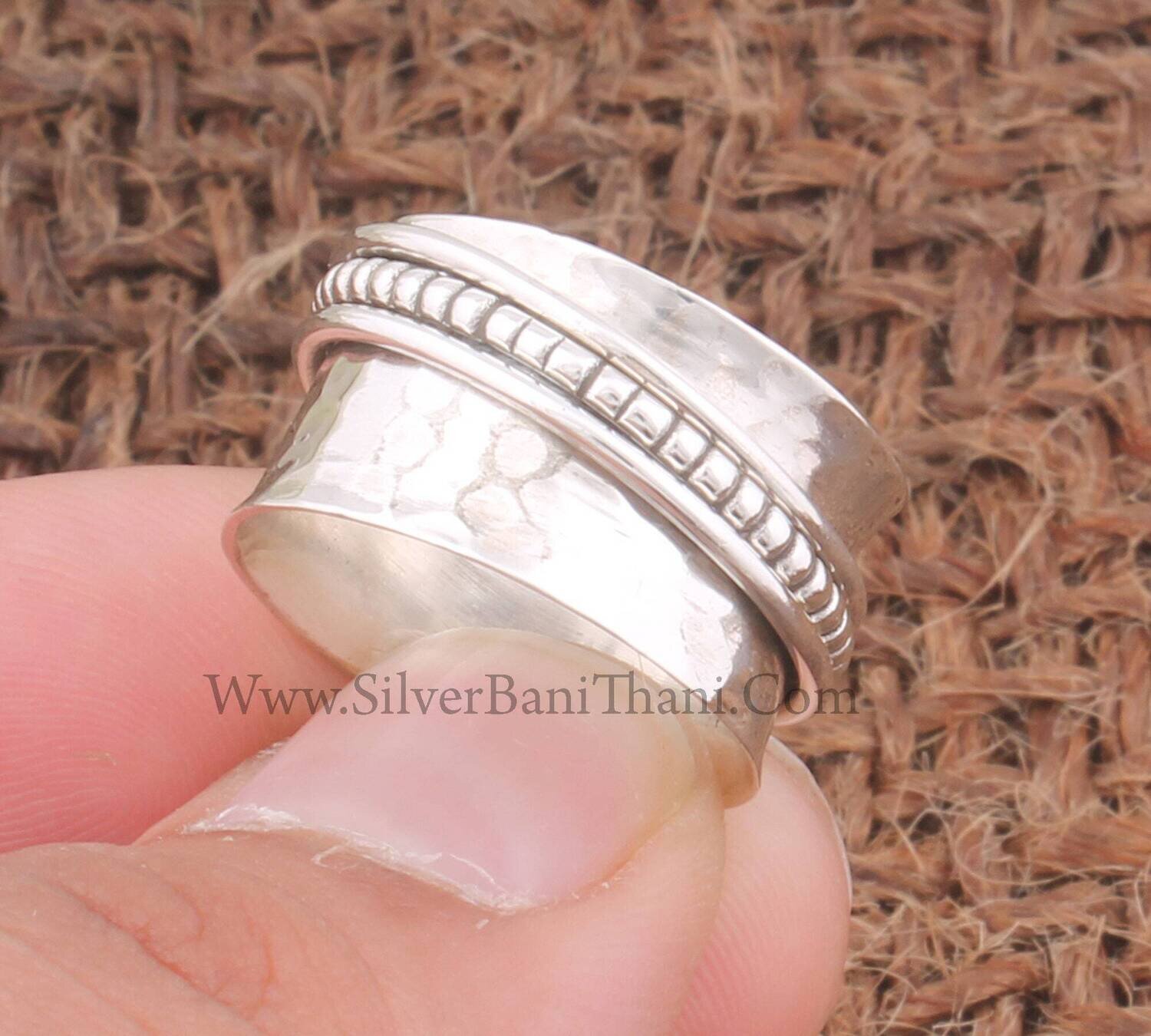 925 Sterling Silver Hand Carved Band Spinner Ring | Designer Hammered Silver Meditation Ring | Bridal Wedding Jewelry  | Thumb Ring For Gift