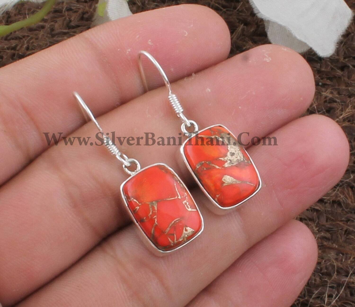 Orange Copper Turquoise Gemstone Silver Earrings | 925 Sterling Silver Cushion Shape Stone Earrings | Handmade Women Wedding Jewelry | Gift