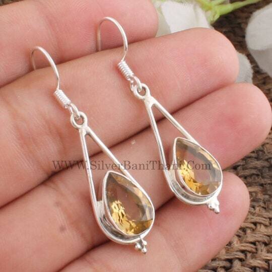 Citrine Sterling Silver Earrings - 925 Sterling Solid Silver Pear Shape Faceted Cut Gemstone Earring - Handmade Jewelry - Women Gift