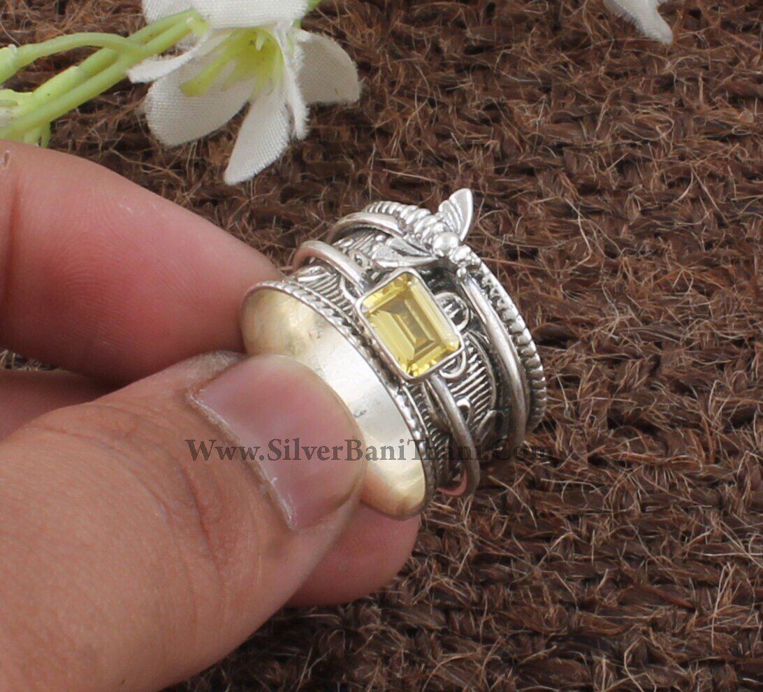 Yellow Cubic Zirconia Silver Spinner Ring | 925 Sterling Silver Faceted Cut Zircon Spin Rings | Designer Hand Carved Honey Bee Silver Ring